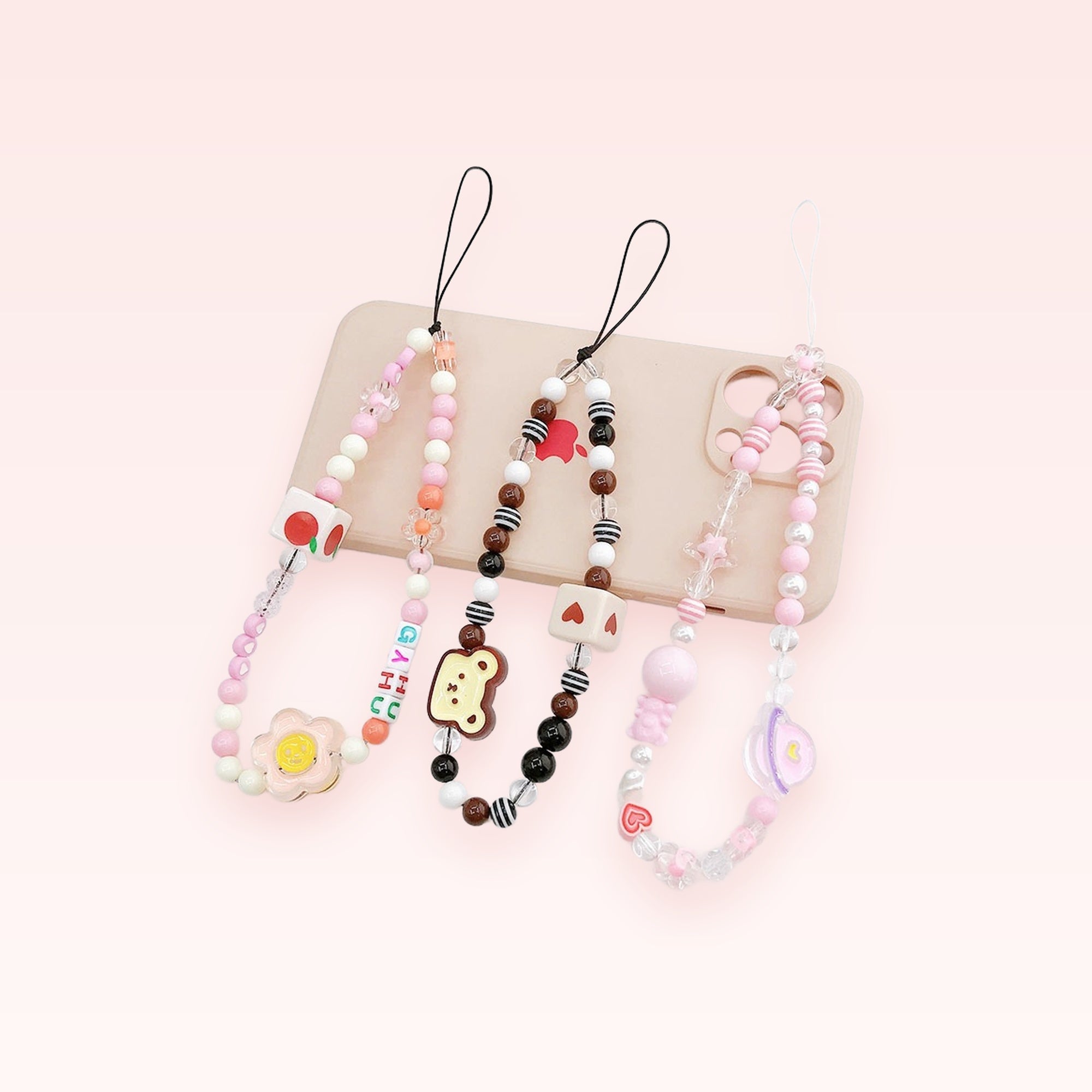 Kawaii Beaded Phone Charm Straps | Pastel Pink & Brown Aesthetic Wrist Lanyards
