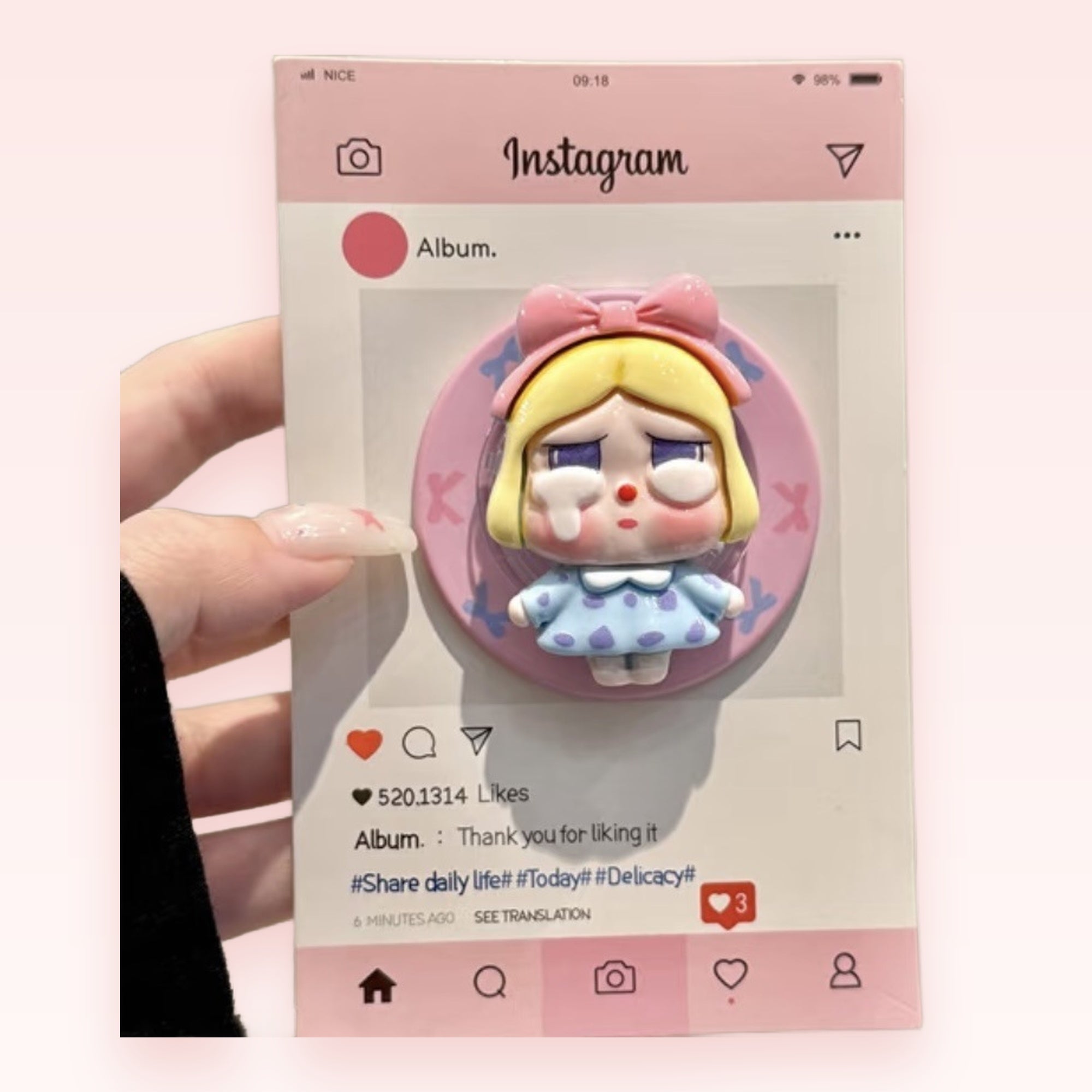 Kawaii Crying Girl Phone Grip | Pastel Pink Pop Socket Stand