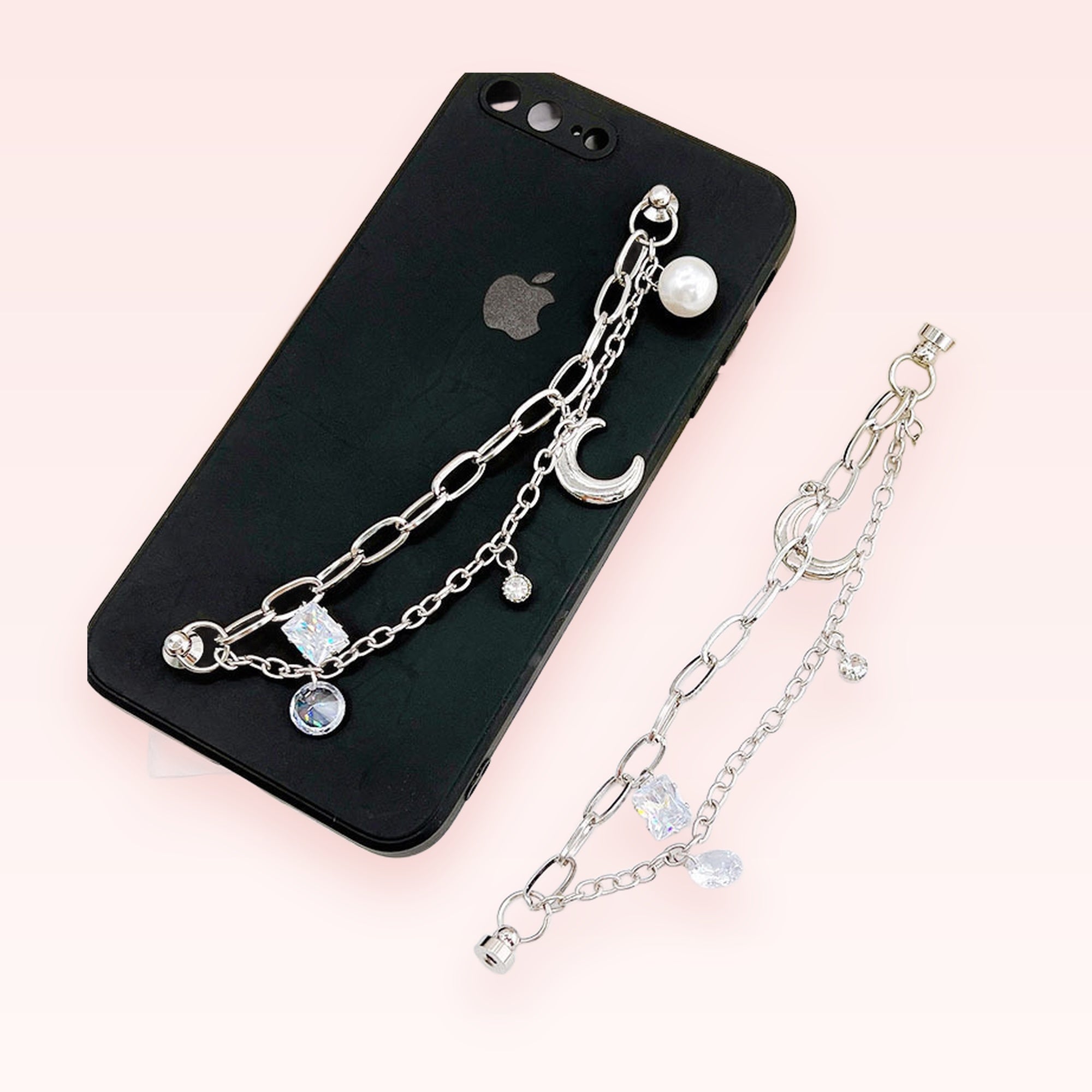 Aesthetic Silver Chain Phone Charm | Moon & Crystal Y2K Phone Strap