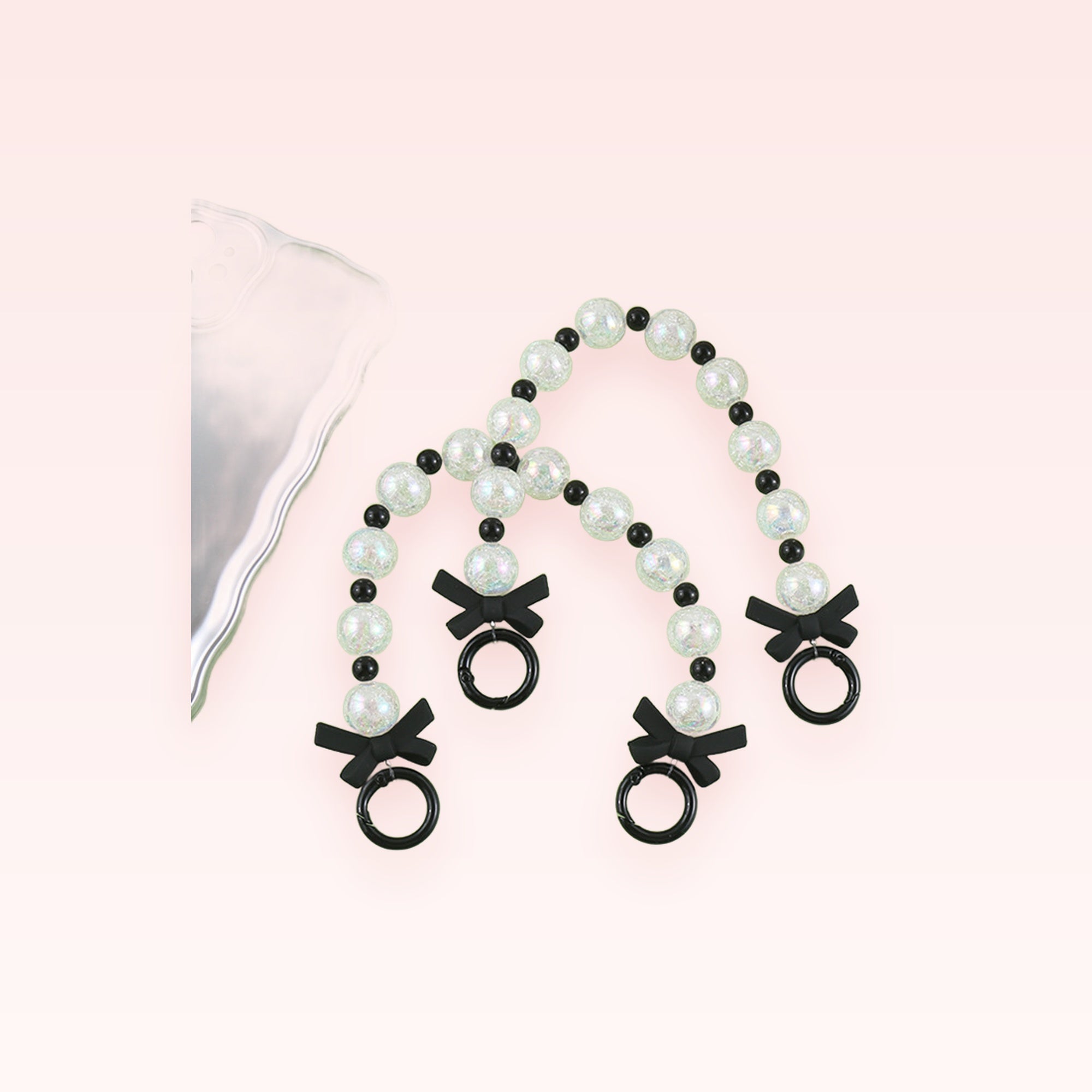 Pearl & Black Bead Phone Charm Strap with Bows | Cute Wrist Lanyard