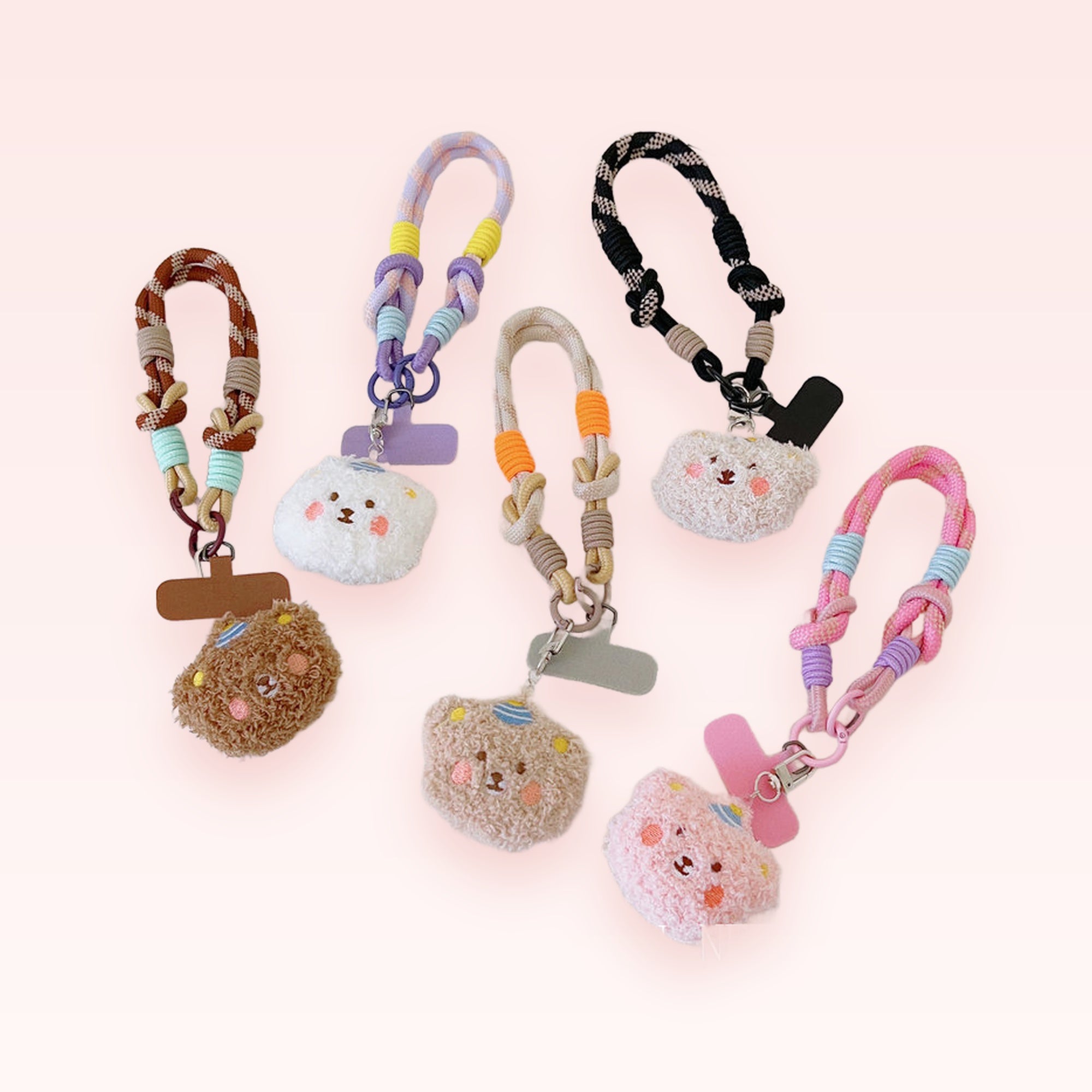 Kawaii Fluffy Bear Phone Charm Wristlet | Braided Rope Lanyard Strap