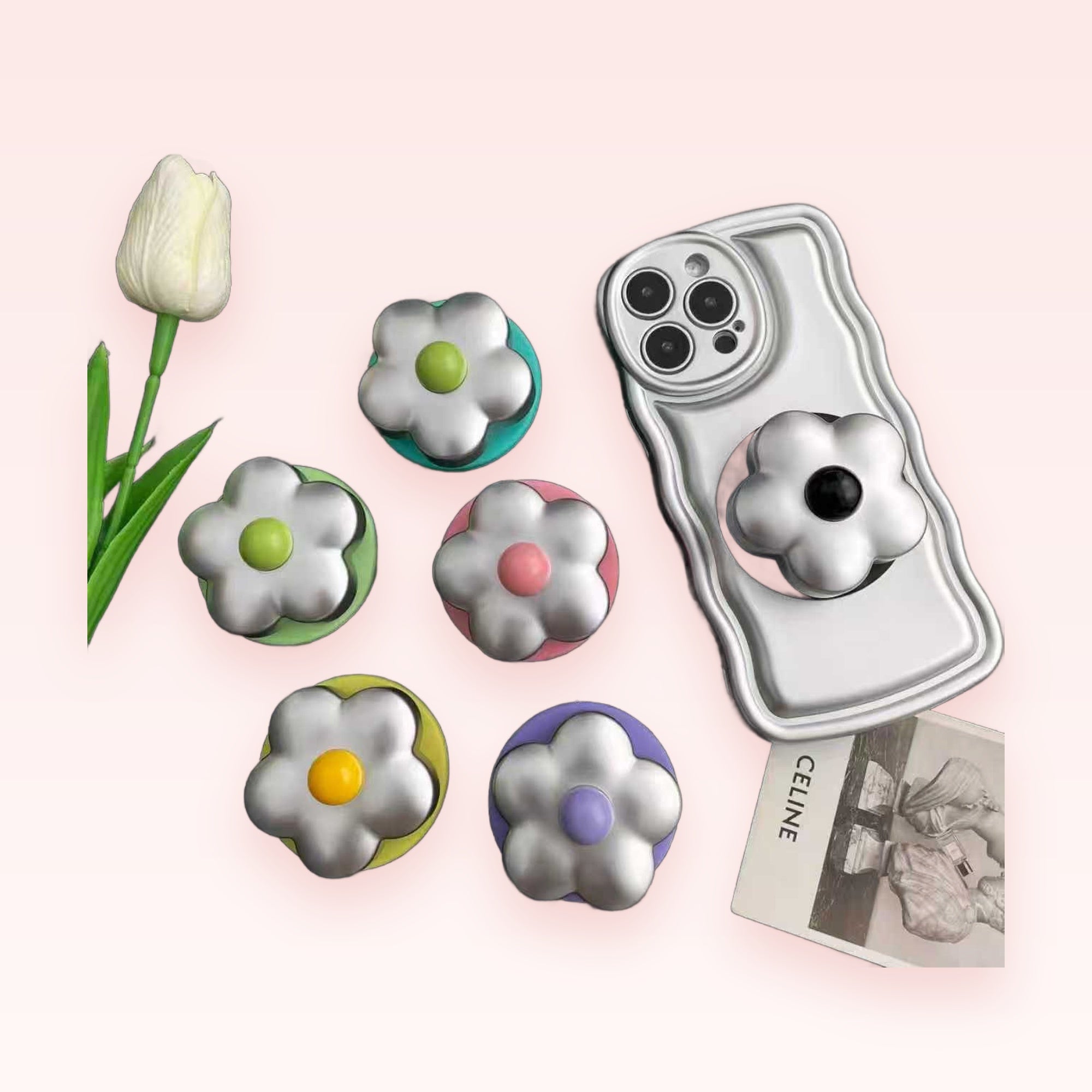 Cute Silver Flower Phone Grip | Y2K Daisy Pop Socket Stand