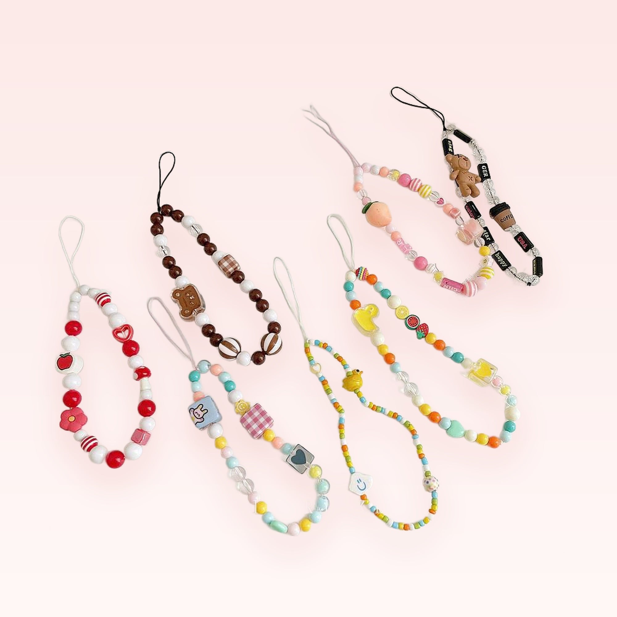 Kawaii Beaded Phone Charm Straps | Aesthetic Pastel & Cute Character Wrist Lanyards