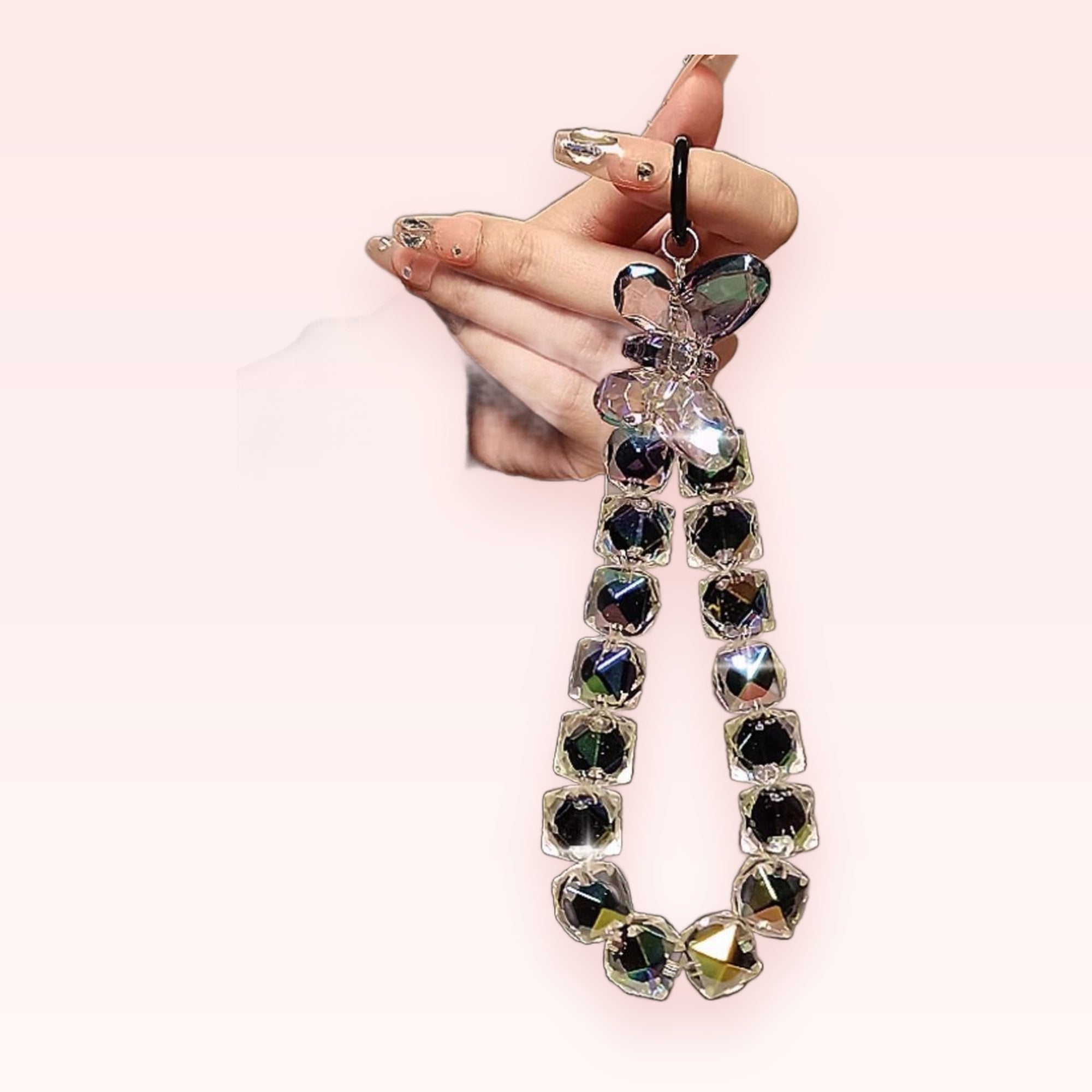 Iridescent Crystal Cube Phone Charm Strap | Sparkly Beaded Wrist Lanyard