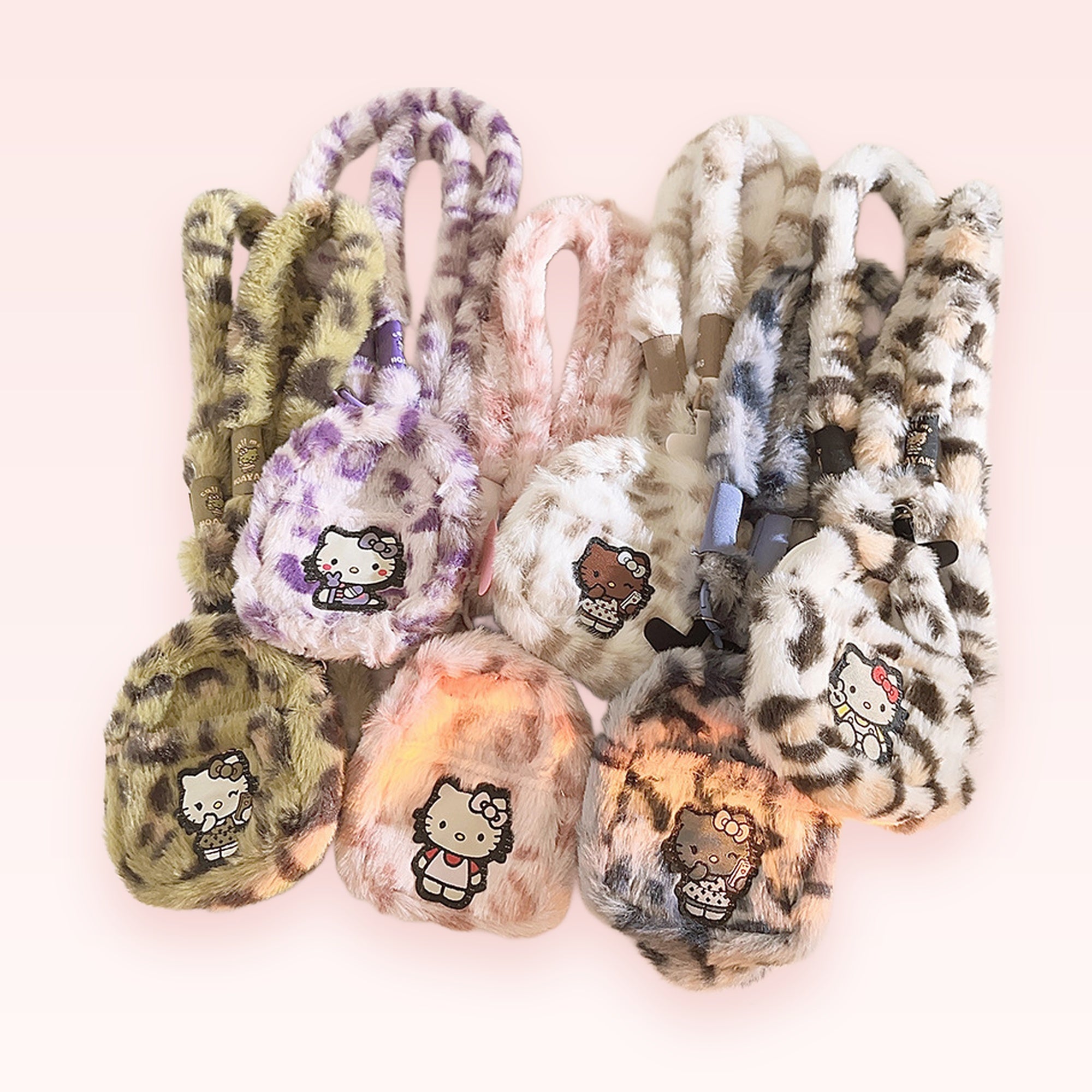 Fluffy Leopard Print Hello Kitty Phone Charm | Cute Faux Fur Wrist Lanyard