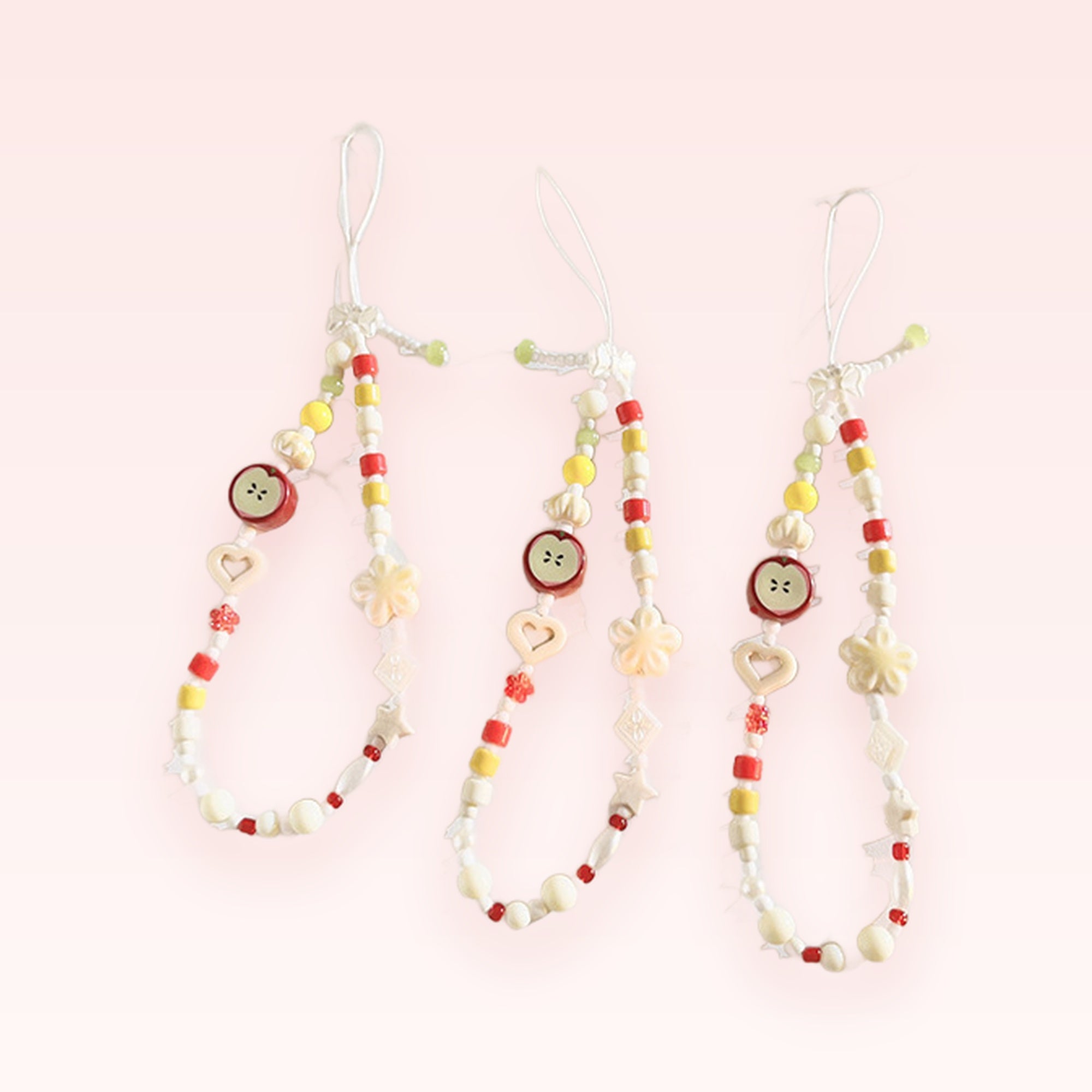 Cute Apple & Heart Beaded Phone Charm | Aesthetic Red Yellow White Wrist Strap