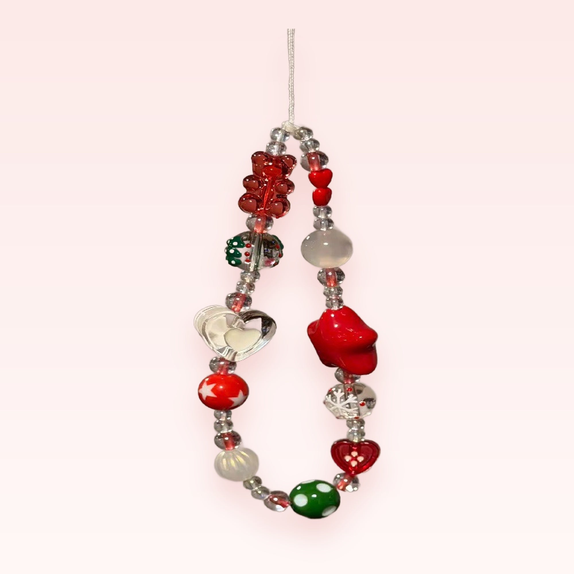 Kawaii Red & White Beaded Phone Charm Strap | Cute Gummy Bear & Heart Wrist Lanyard