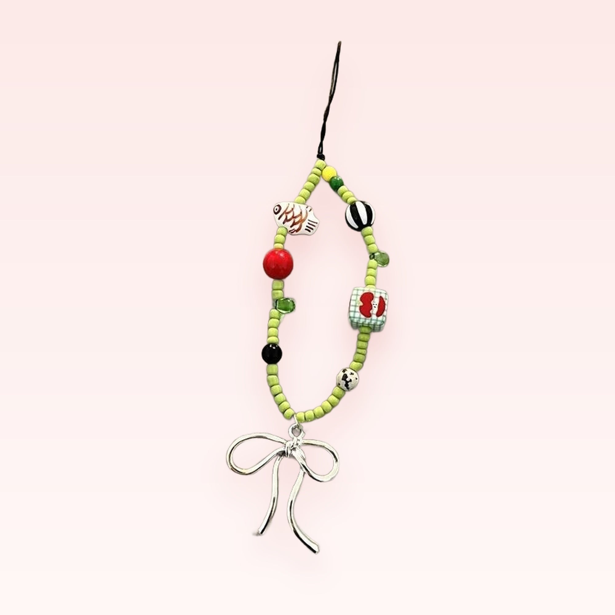 Y2K Green Beaded Phone Charm Strap with Bow & Fish Charms | Aesthetic Wrist Lanyard