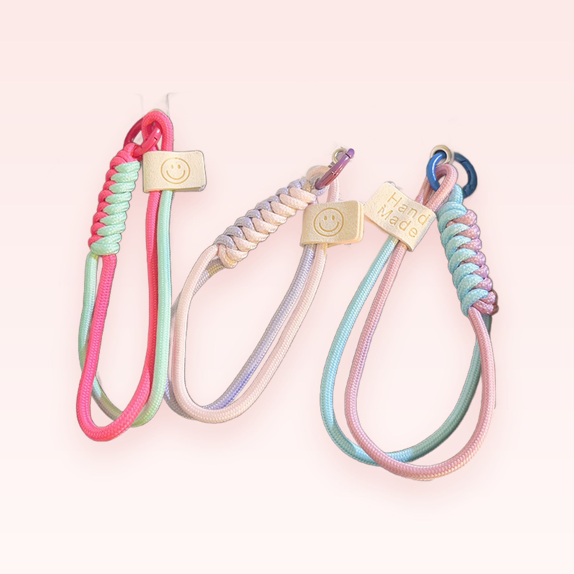 Cute Braided Rope Phone Charm Strap | Pastel Smiley Face Wrist Lanyard