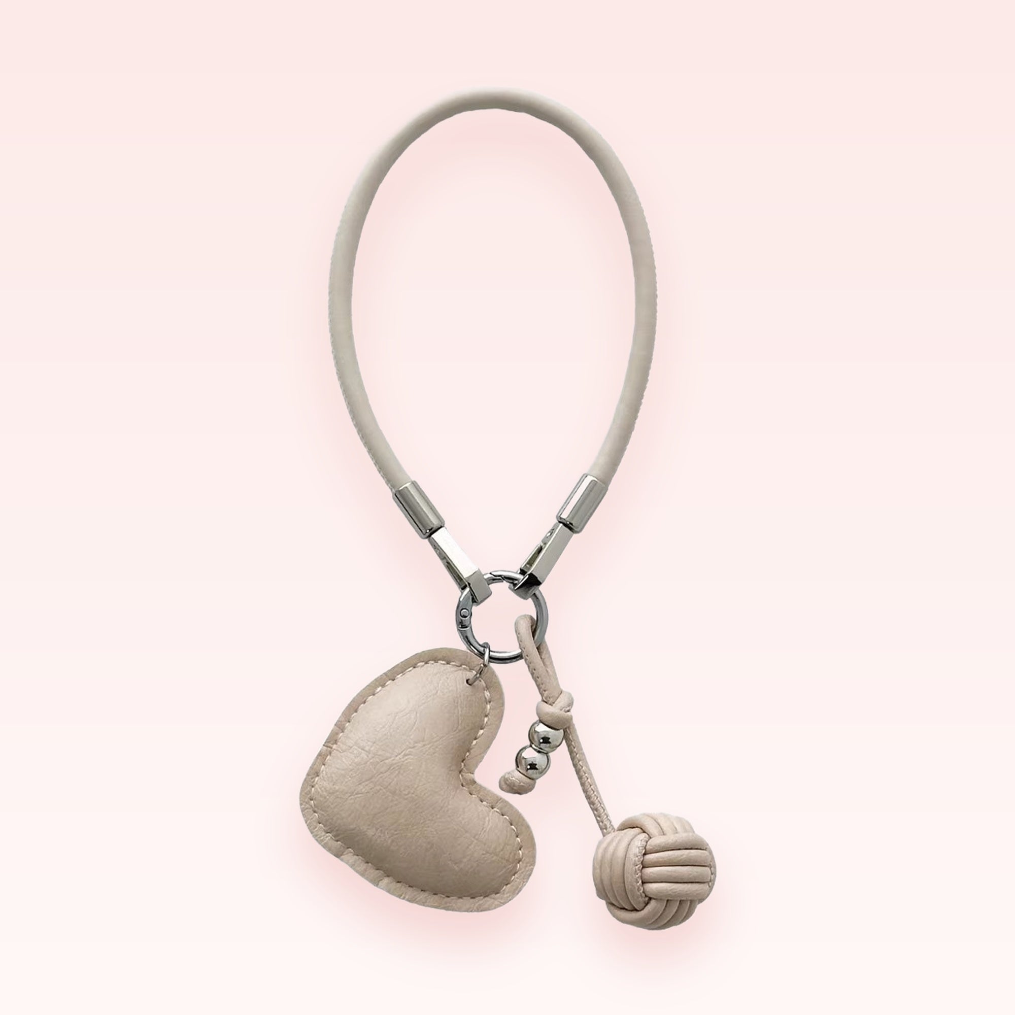 Cute Beige Leather Heart Phone Charm | Aesthetic Wrist Strap with Knot