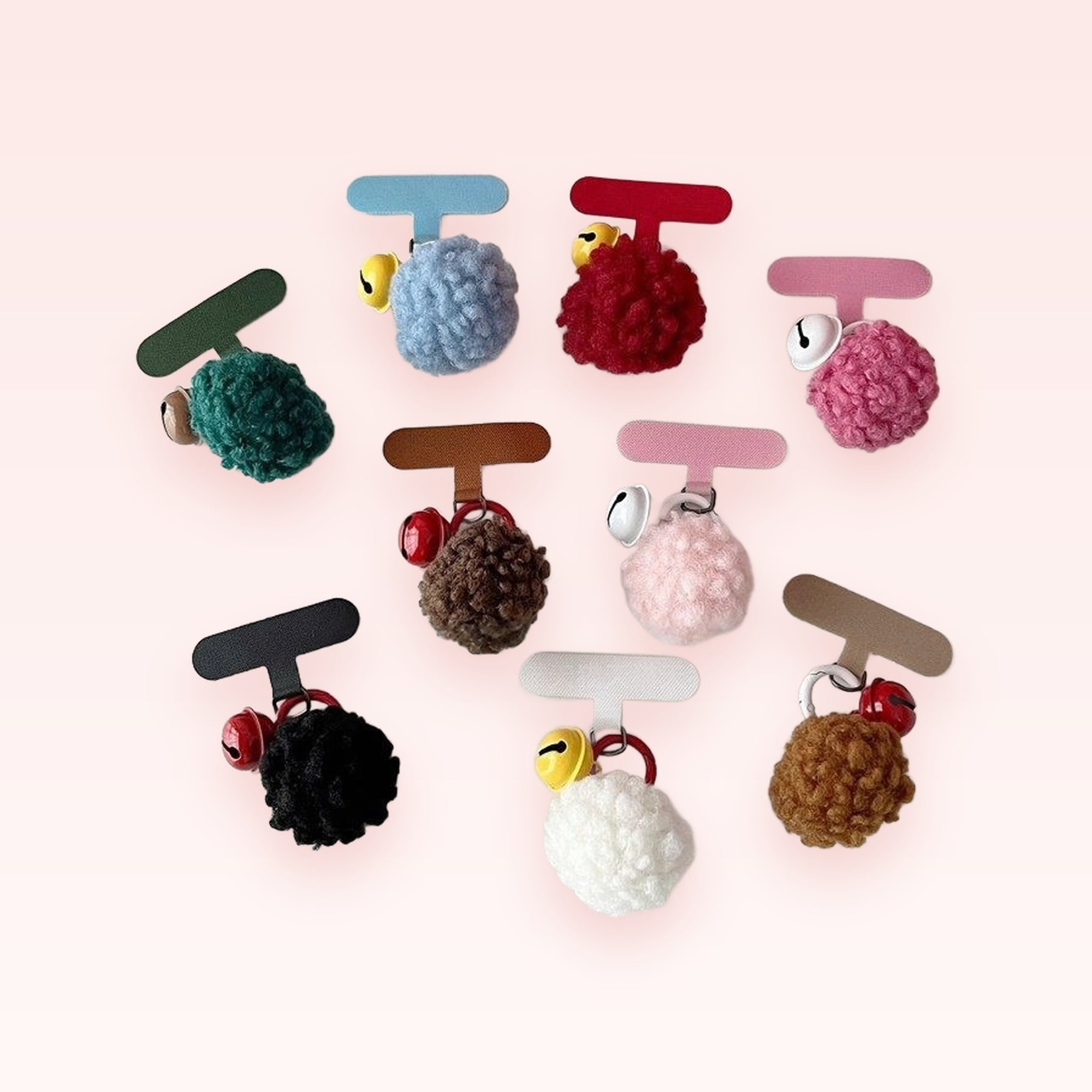 Cute Knitted Pom Pom Phone Charm with Bell | Colorful T-Shaped Phone Lanyard