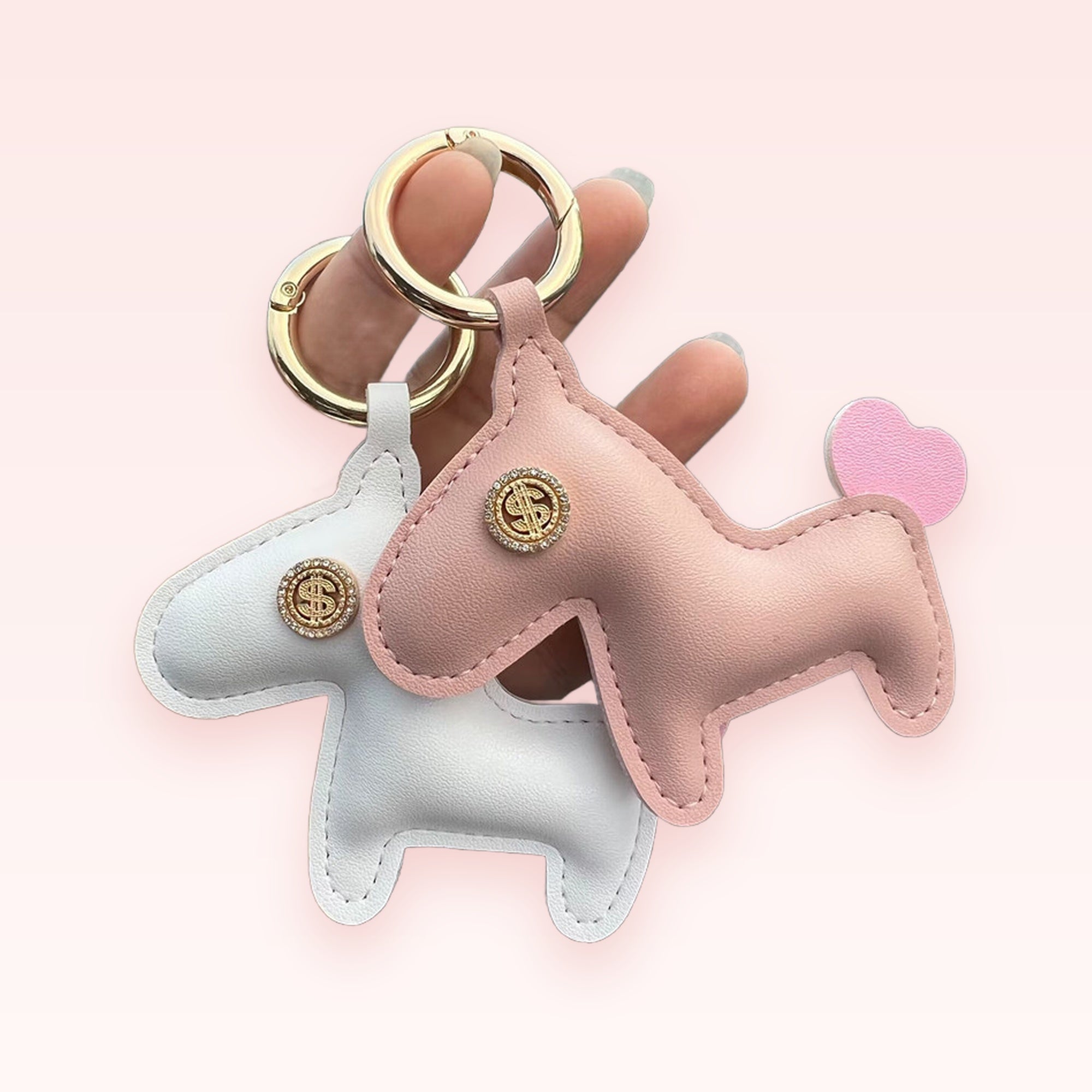 Cute Leather Horse Keychain Phone Charm | Pink & White Dollar Sign Bag Charm