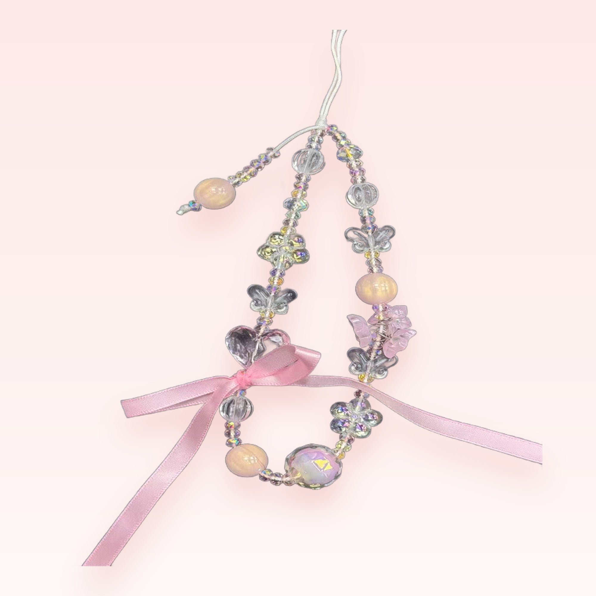 Kawaii Clear & Pink Beaded Phone Charm | Aesthetic Butterfly & Heart Wrist Strap