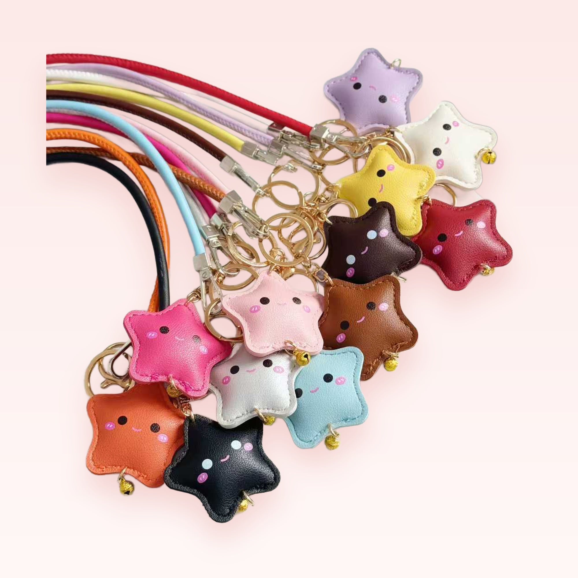 Kawaii Star Face Phone Charm Lanyard | Colorful Faux Leather Keychains with Bells