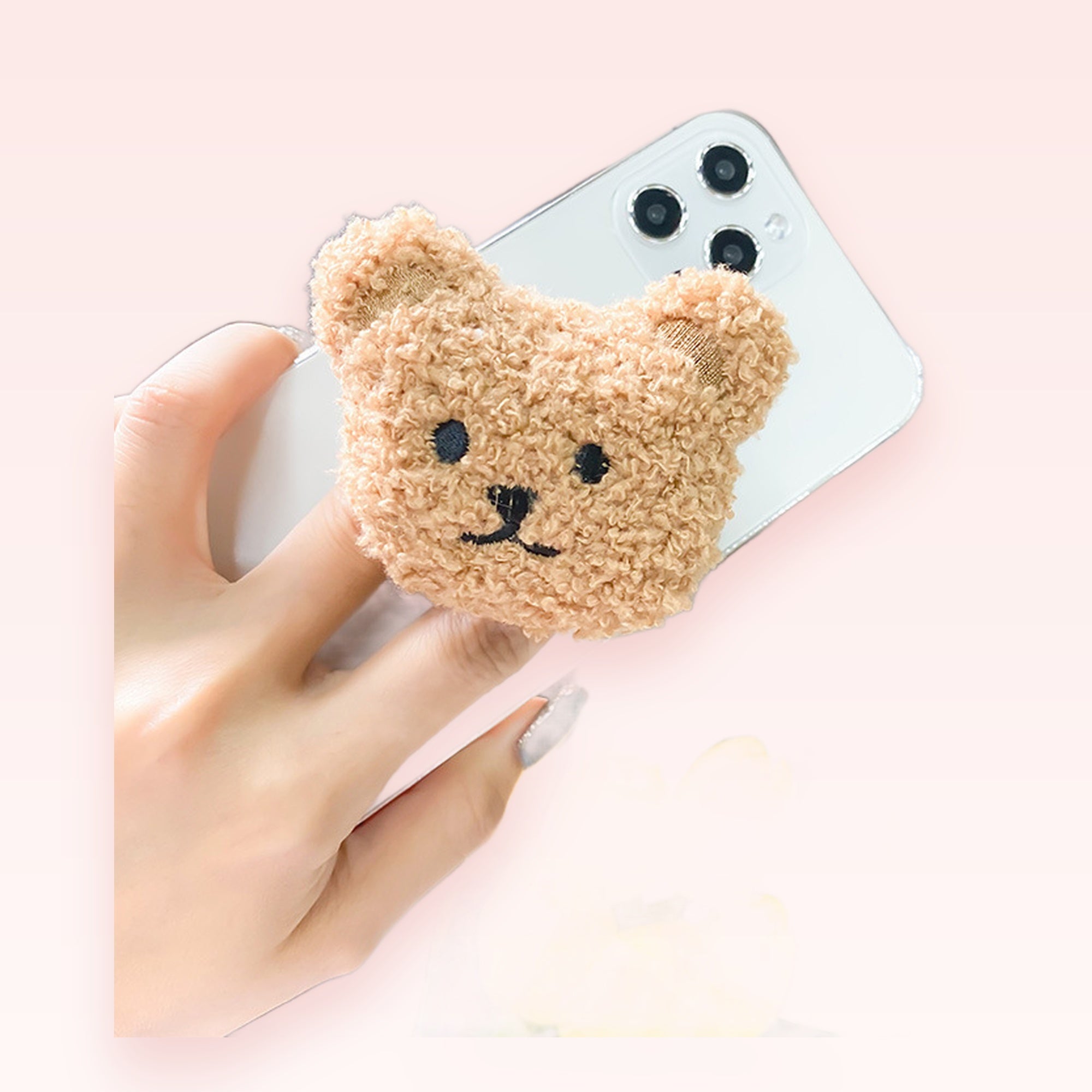 Cute Fluffy Teddy Bear Phone Grip | Kawaii Plush Pop Socket Stand