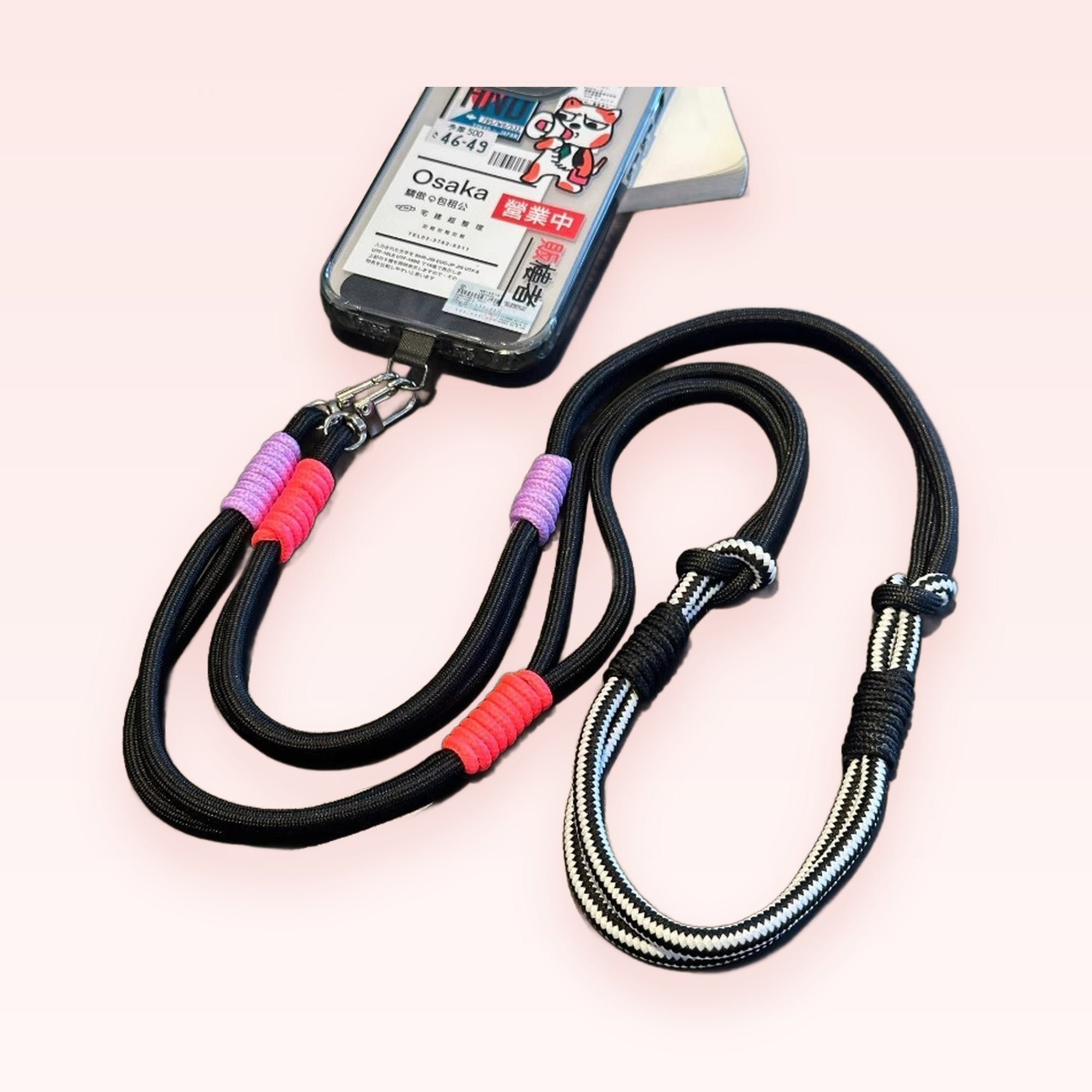 Black & White Striped Rope Phone Lanyard | Adjustable Crossbody Strap with Pink & Purple Accents