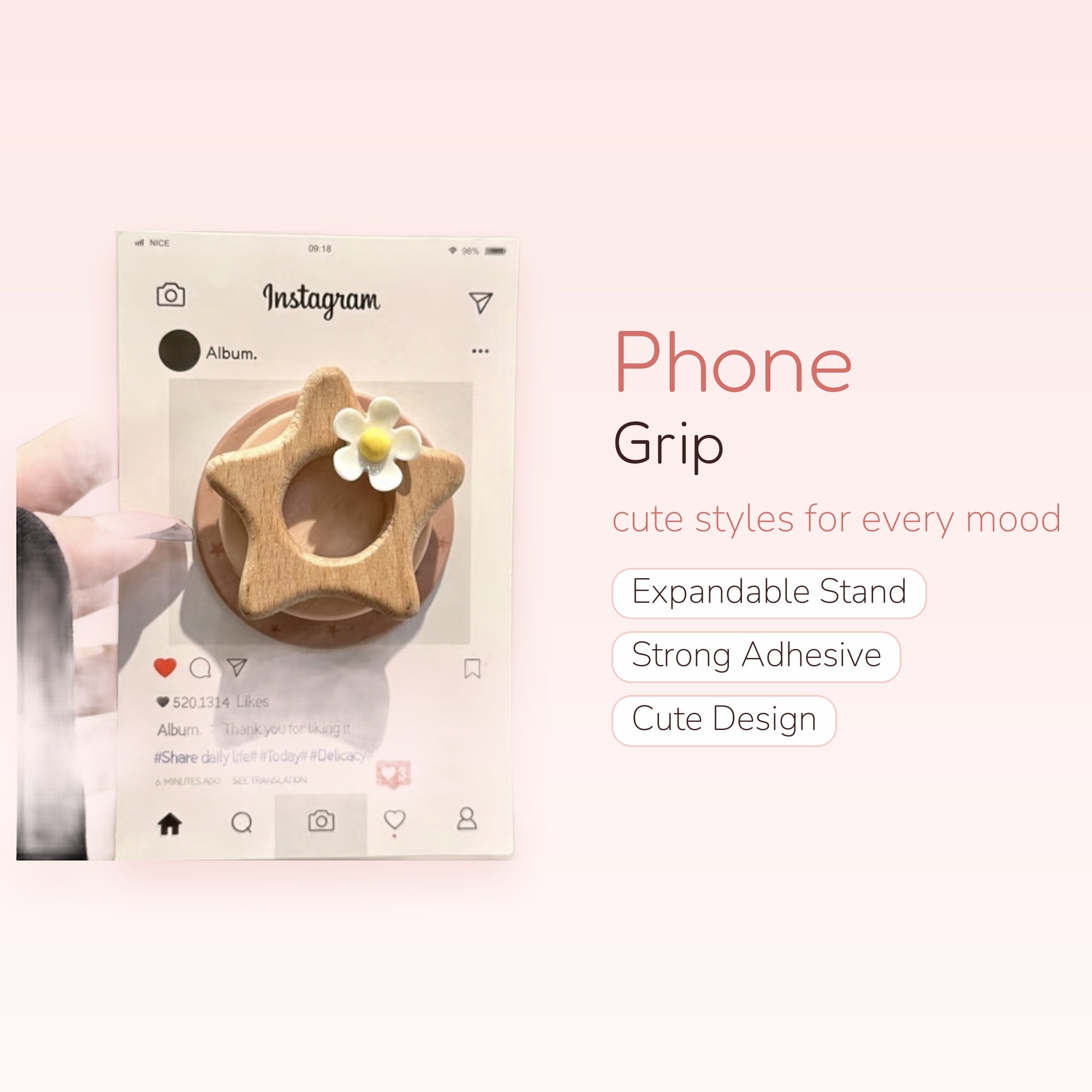 Cute Wooden Star Phone Grip | Aesthetic Daisy Pop Socket Stand