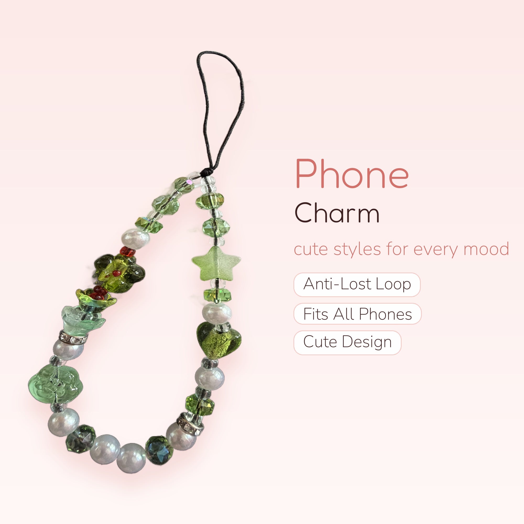 Aesthetic Green & Pearl Beaded Phone Charm | Kawaii Star & Heart Wrist Strap
