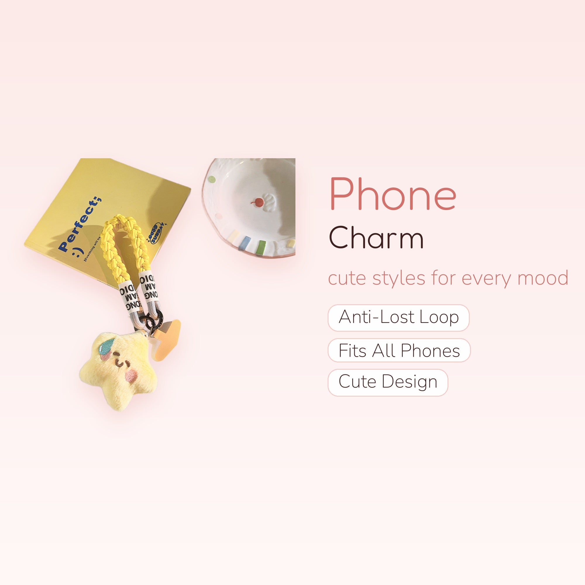 Cute Yellow Braided Star Phone Charm | Plush Kawaii Wrist Lanyard