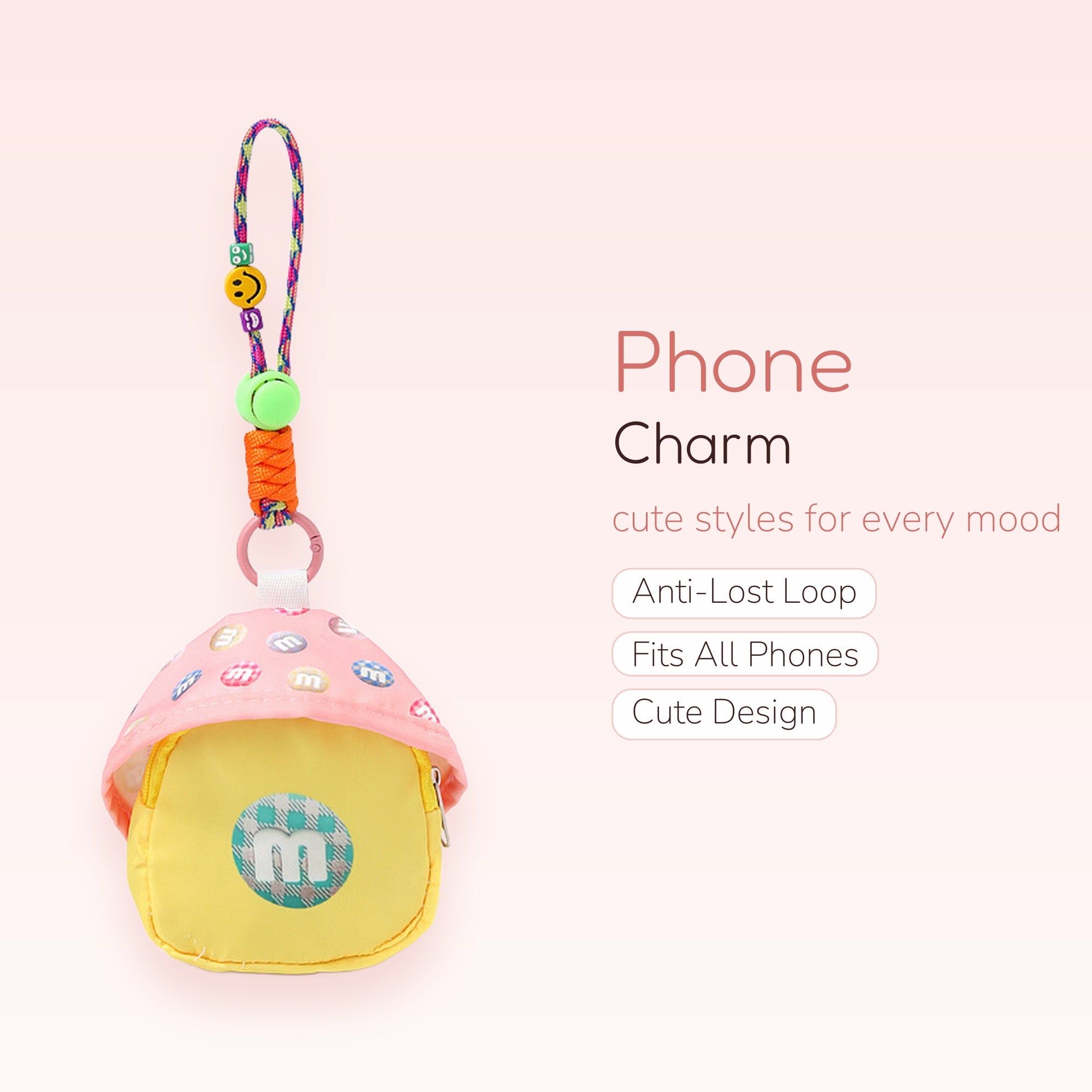 Kawaii M&M's Candy Pouch Phone Charm Strap | Cute Yellow & Pink Beaded Wrist Lanyard
