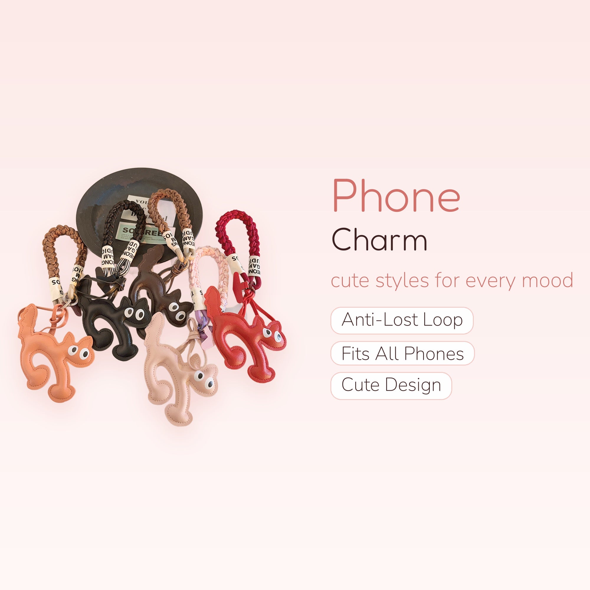 Cute Cat Leather Phone Charm Strap | Kawaii Braided Wrist Lanyard