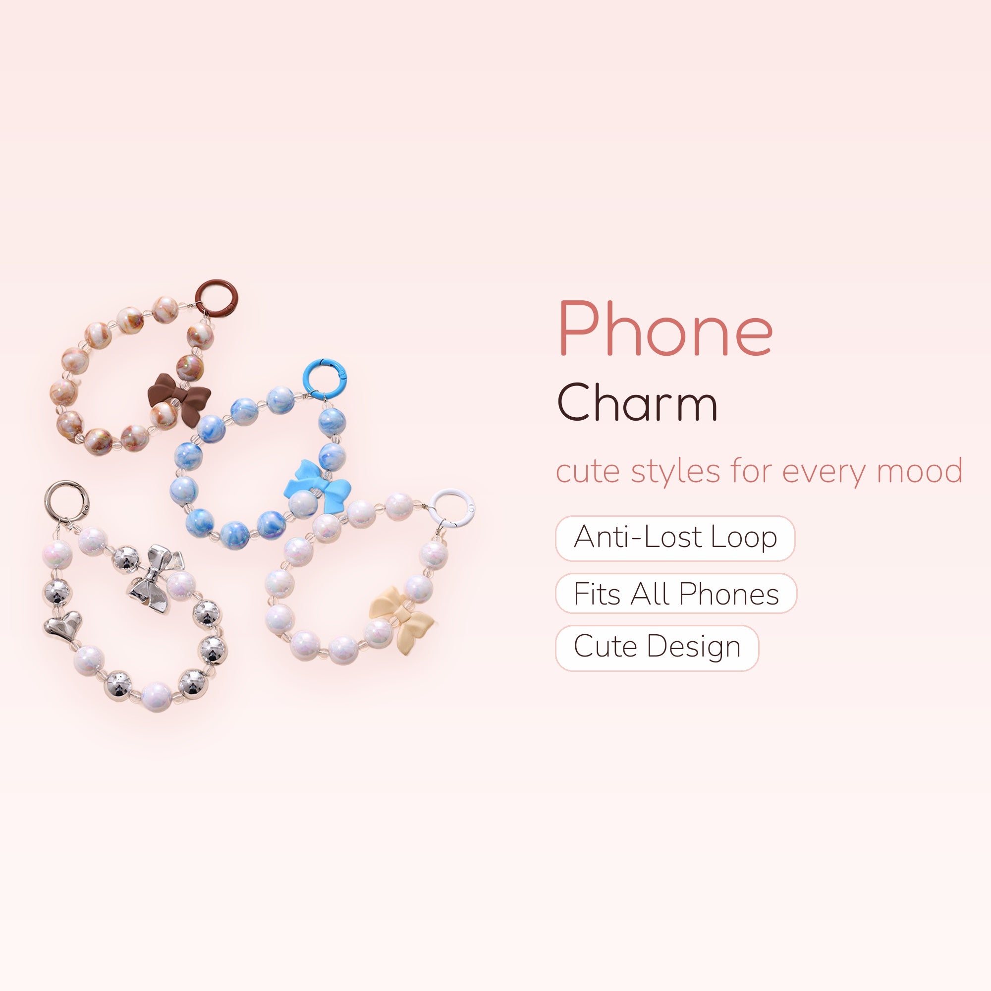 Aesthetic Beaded Phone Charm Wristlet with Bows | Kawaii Pearl & Marble Phone Strap