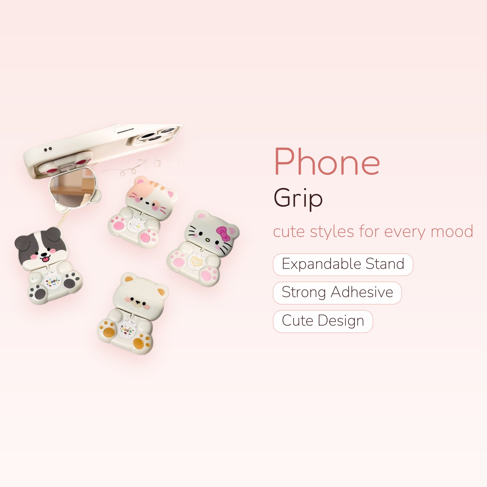 Cute Animal Face Phone Grip with Mirror | Kawaii Foldable Pop Socket Stand