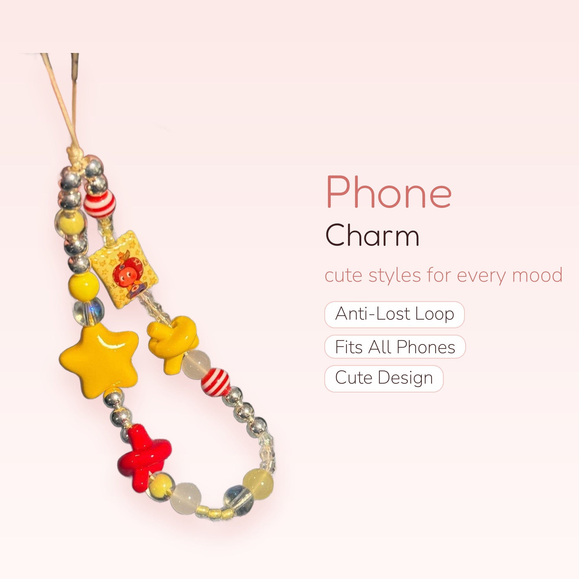 Kawaii Yellow Star & Apple Phone Charm | Beaded Wrist Strap with Red & Silver Accents