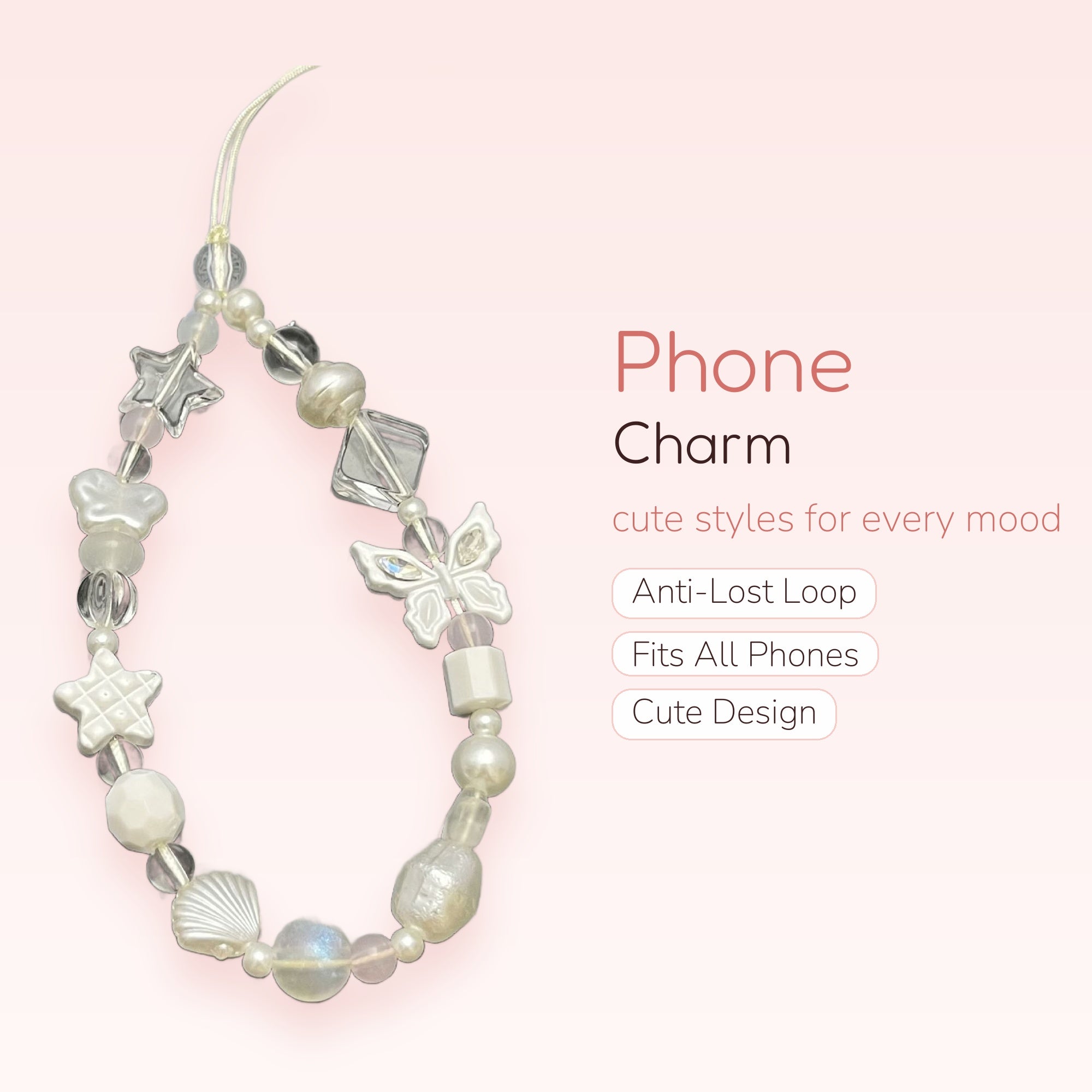 Aesthetic White & Clear Beaded Phone Charm | Kawaii Star Butterfly Wrist Strap