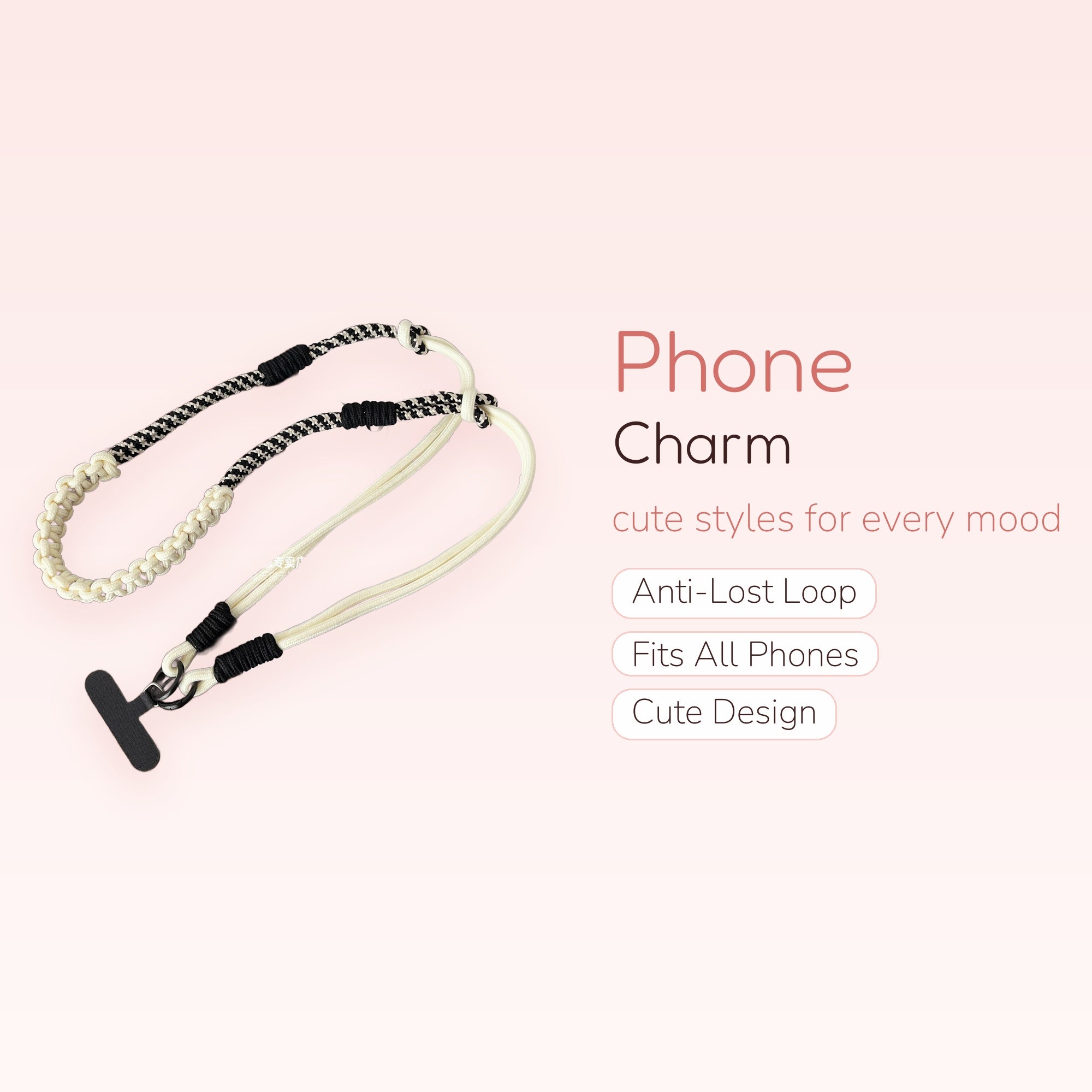 Black & White Houndstooth Braided Phone Lanyard | Aesthetic Woven Wrist Strap