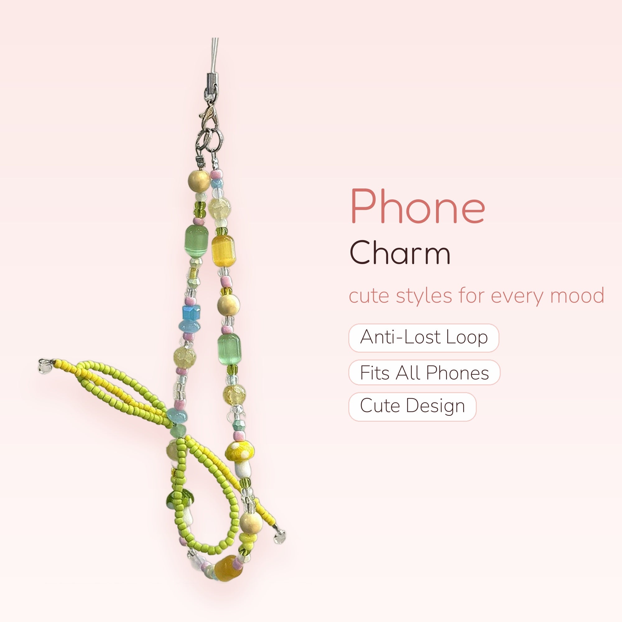 Pastel Beaded Mushroom Phone Charm | Cute Green & Yellow Wrist Lanyard