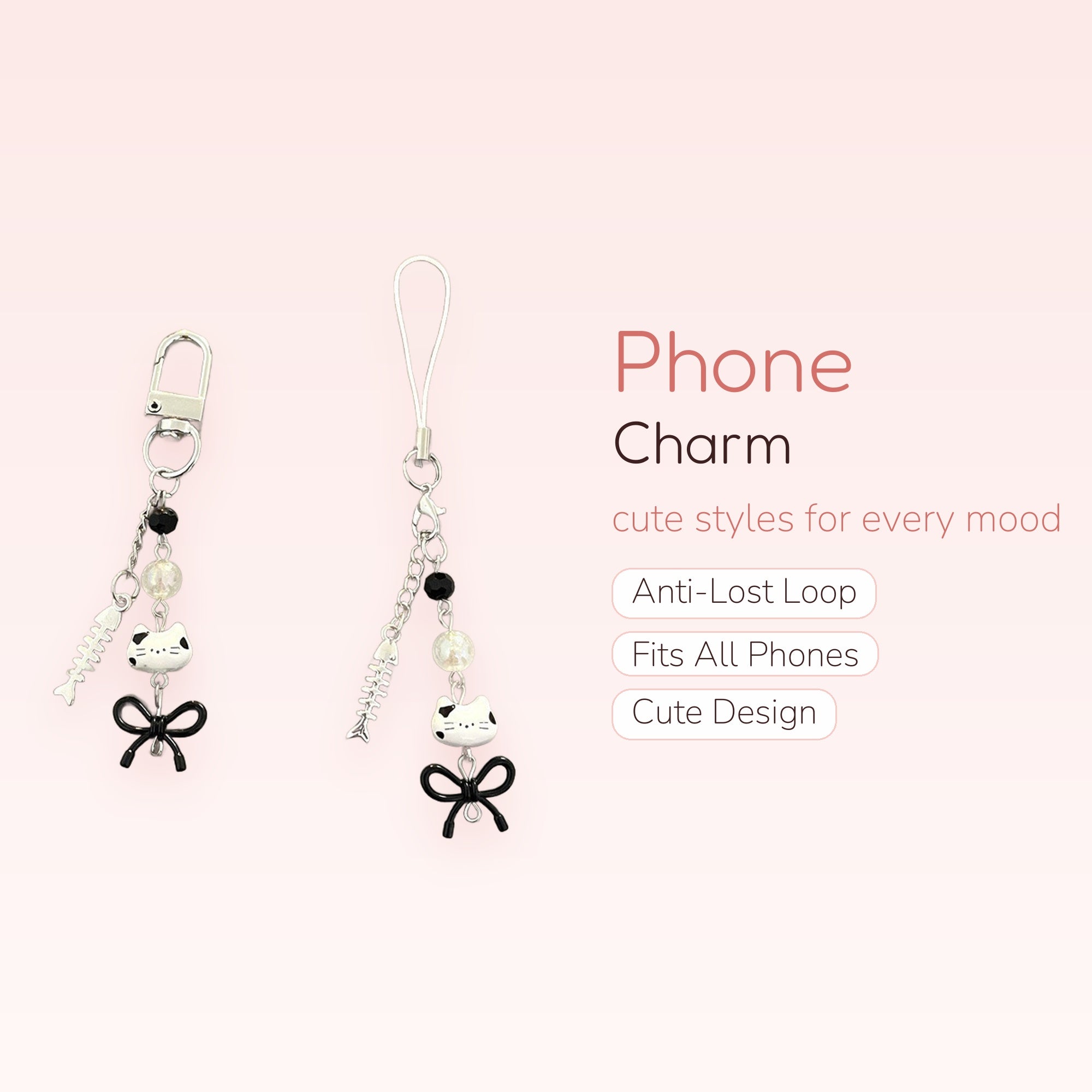 Cute Cat & Fishbone Phone Charm | Black & White Beaded Phone Strap