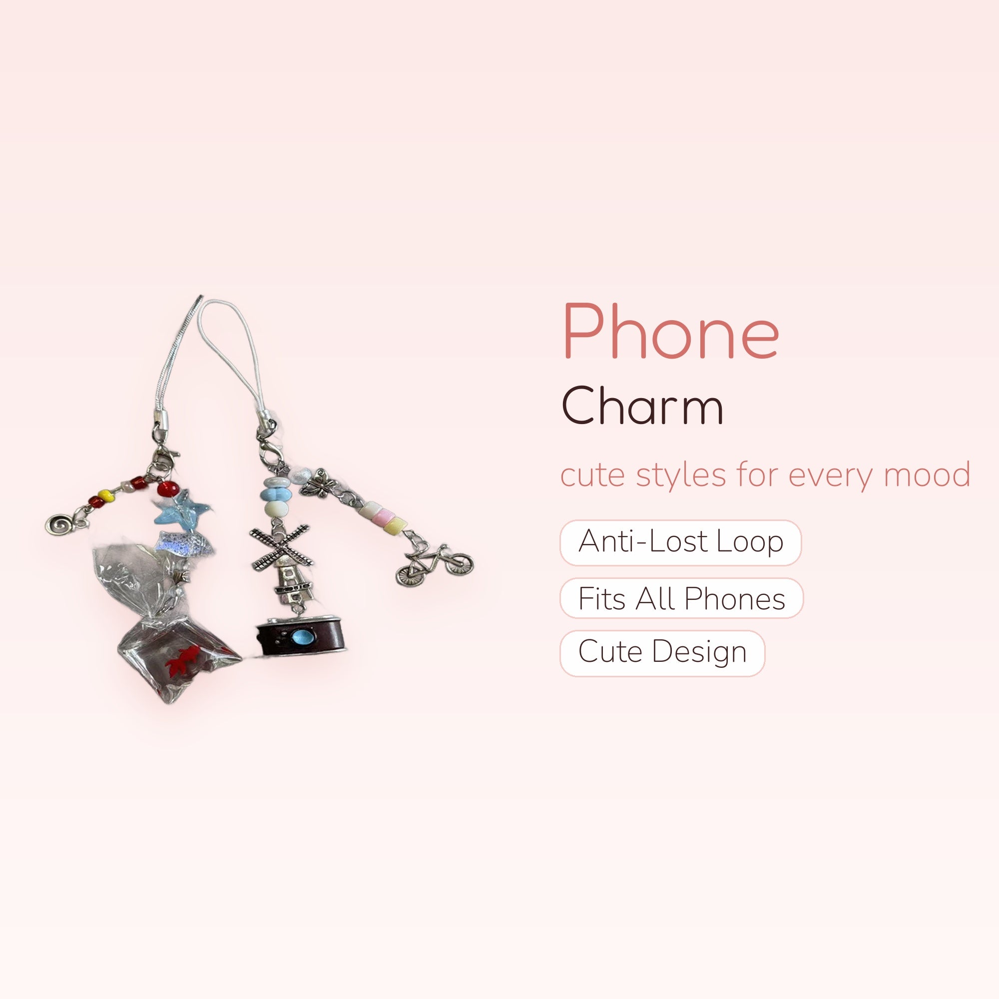 Aesthetic Beaded Phone Charm Strap | Y2K Goldfish Windmill Camera Bicycle Charms