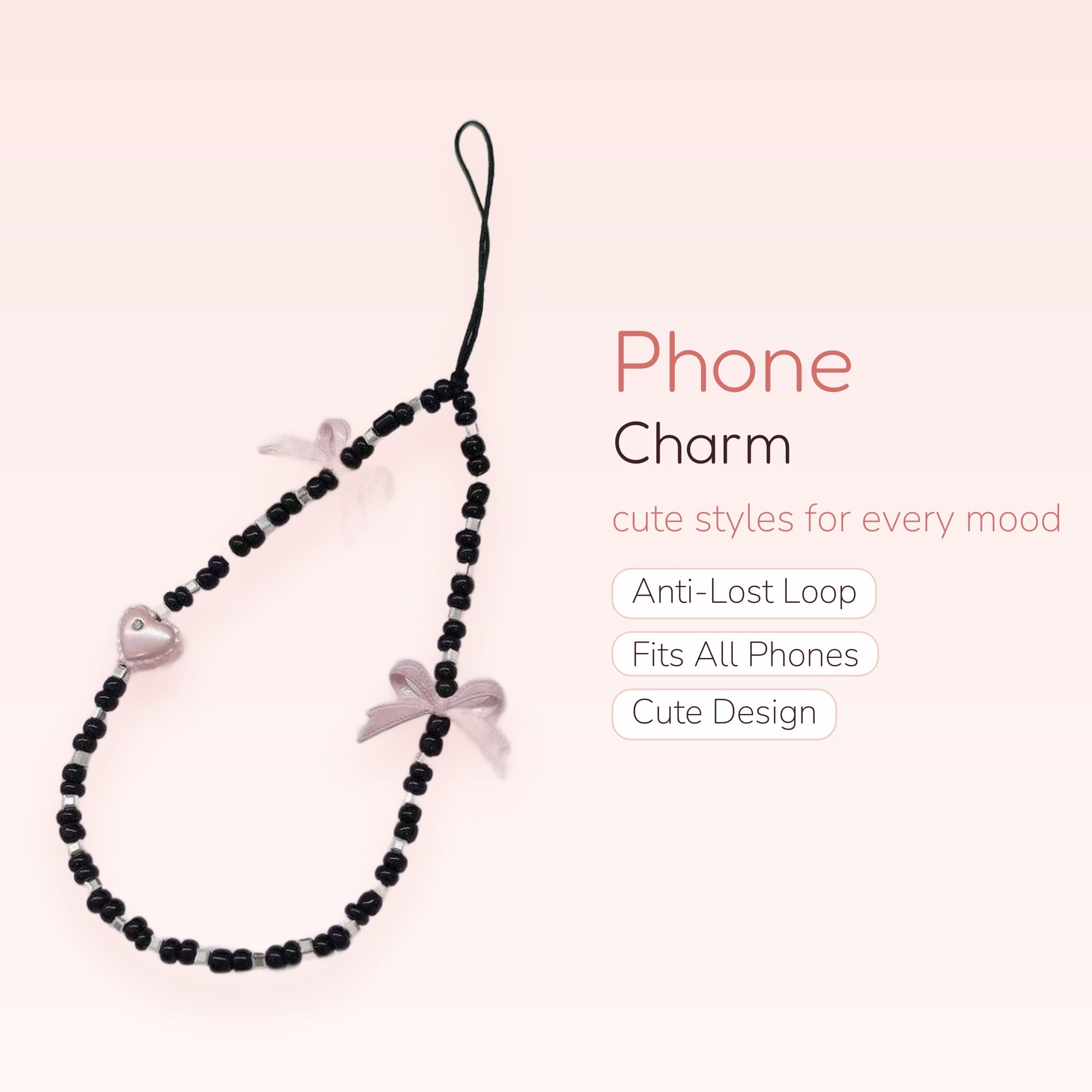 Black Beaded Pink Bow Phone Charm | Cute Heart Wrist Strap Lanyard