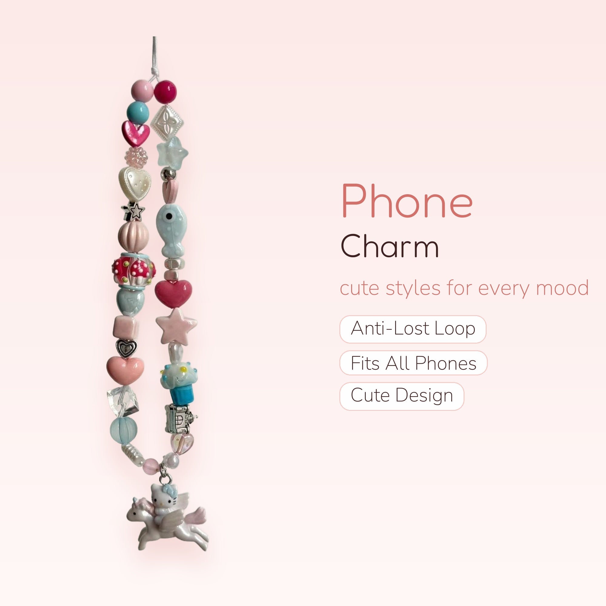 Kawaii Pastel Beaded Phone Charm | Cute Unicorn Hello Kitty Wrist Strap