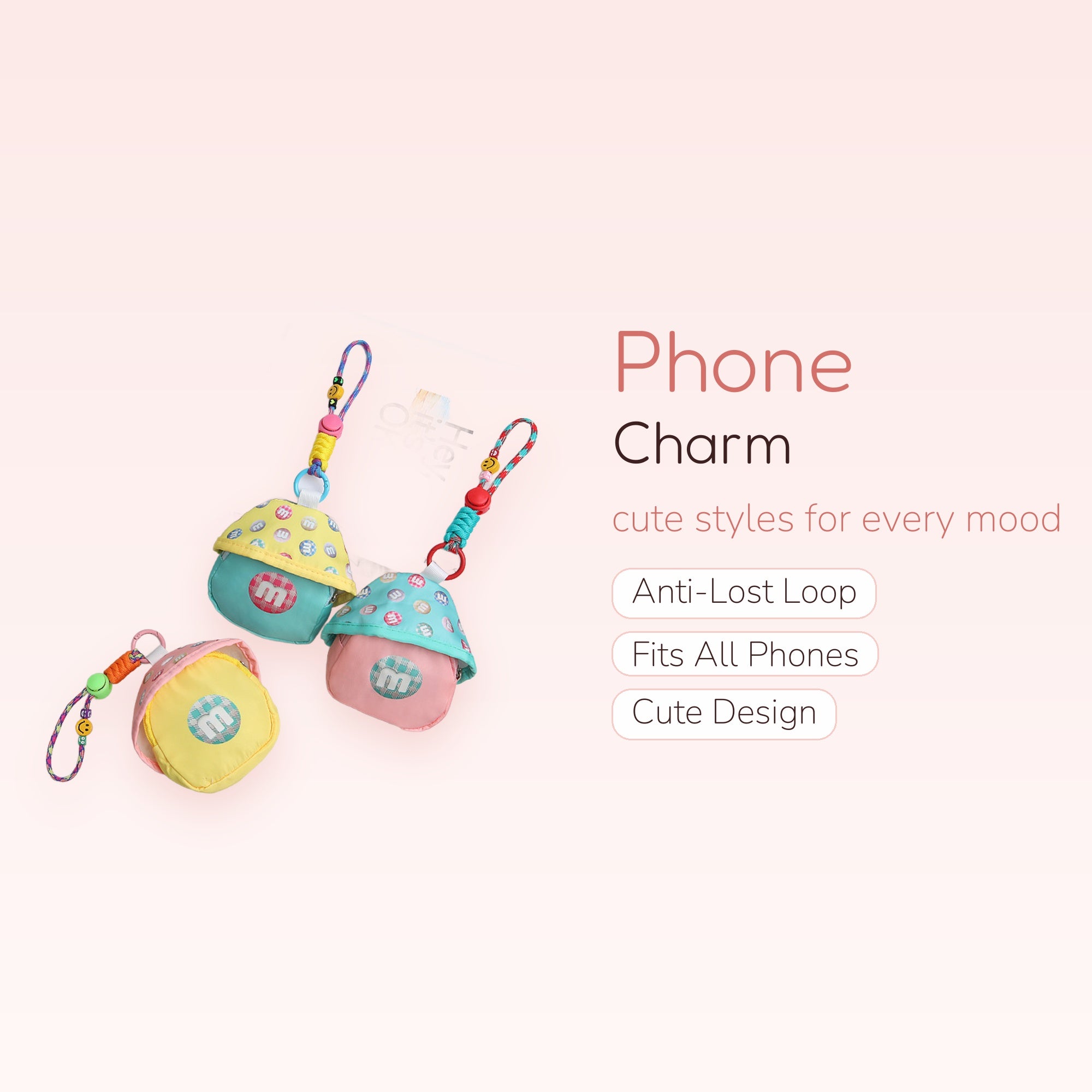 Cute M&M's Mushroom Phone Charm | Pastel Candy Beaded Wrist Lanyard