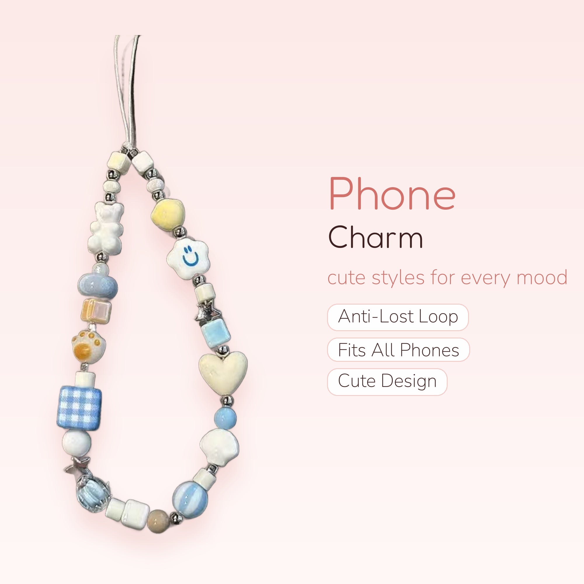 Kawaii Pastel Blue & White Beaded Phone Charm | Cute Bear & Heart Wrist Strap