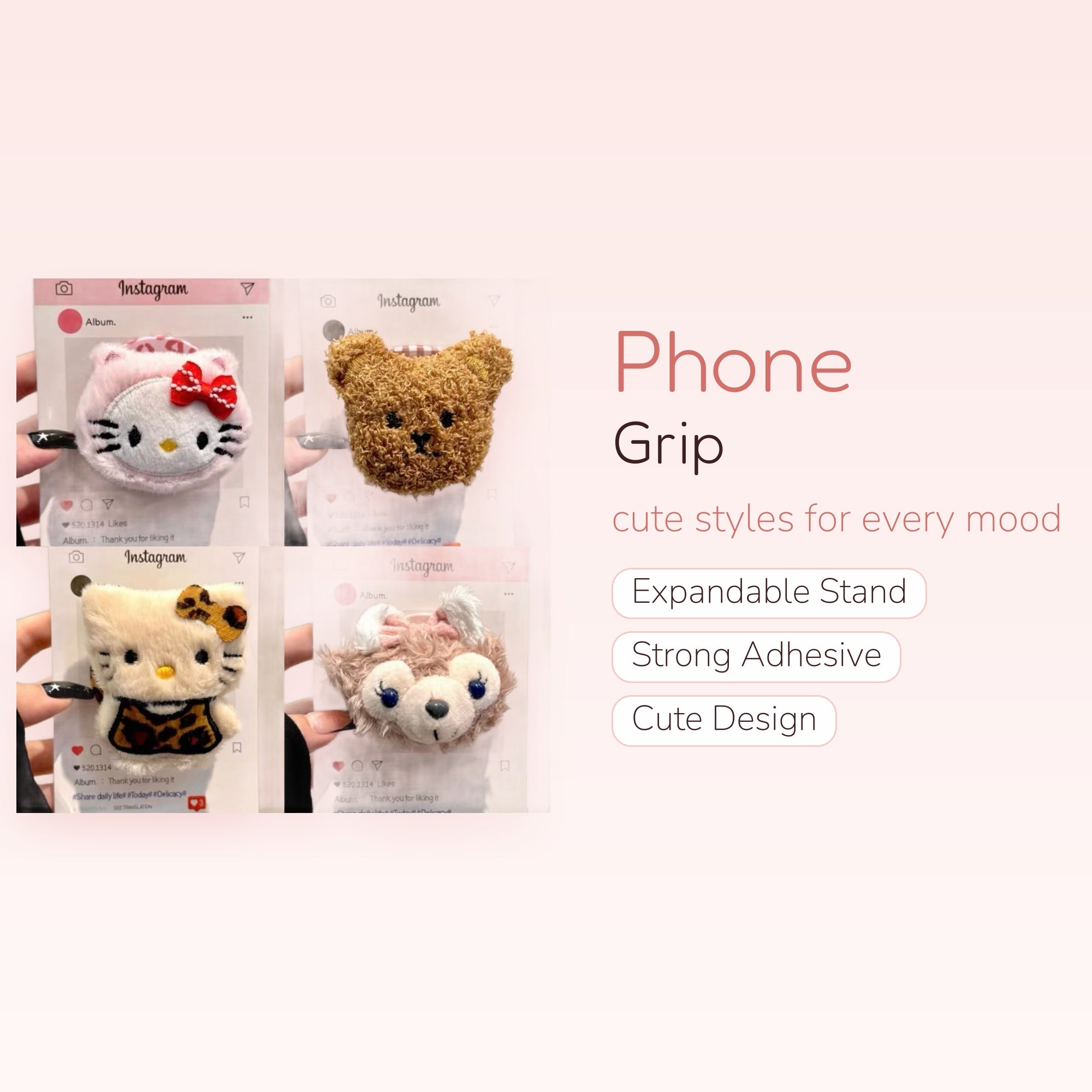 Fluffy Hello Kitty & Bear Phone Grip | Kawaii Plush Pop Socket Stand