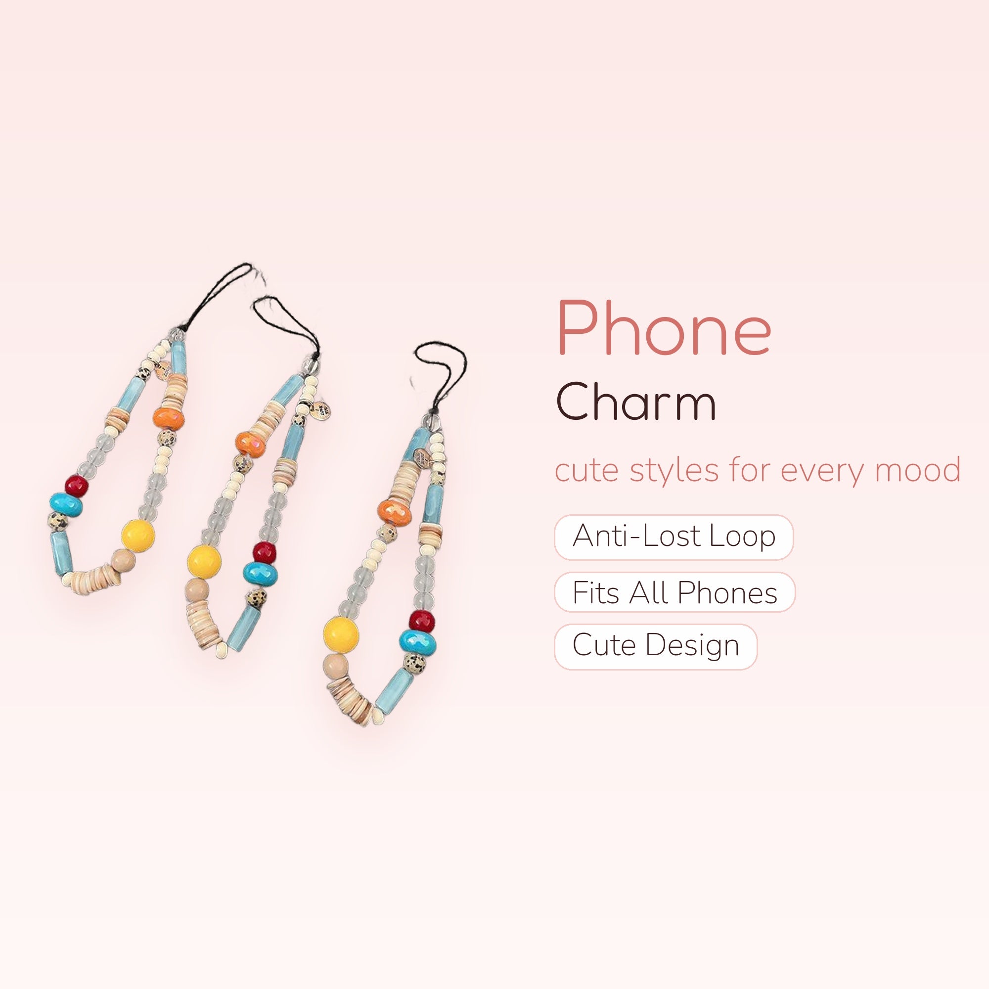 Aesthetic Multi-Color Beaded Phone Charm Strap | Bohemian Shell & Stone Wrist Lanyard