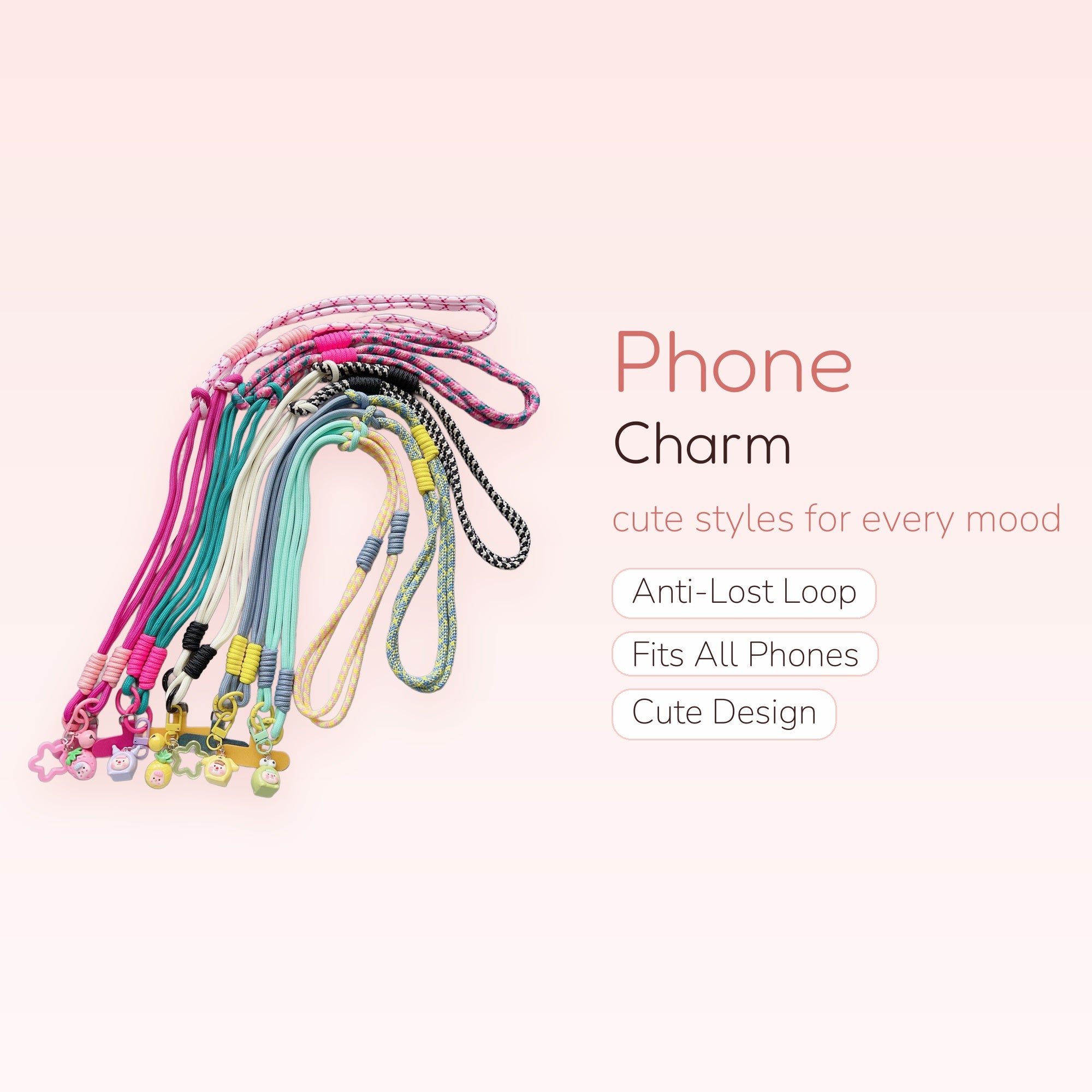 Colorful Braided Rope Phone Charm Lanyard | Kawaii Fruit & Animal Keychain Straps