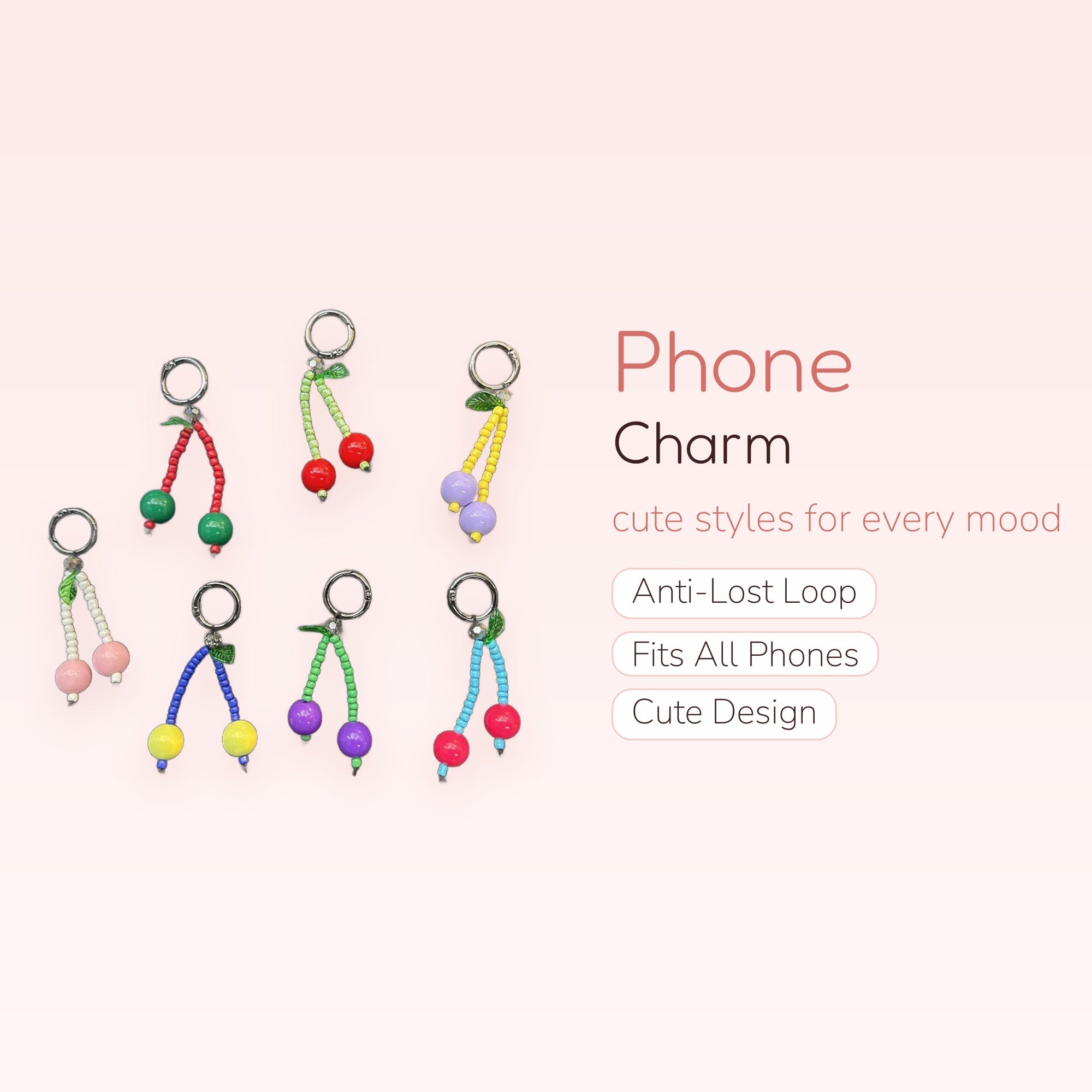 Kawaii Beaded Cherry Phone Charms | Colorful Fruit Keychains