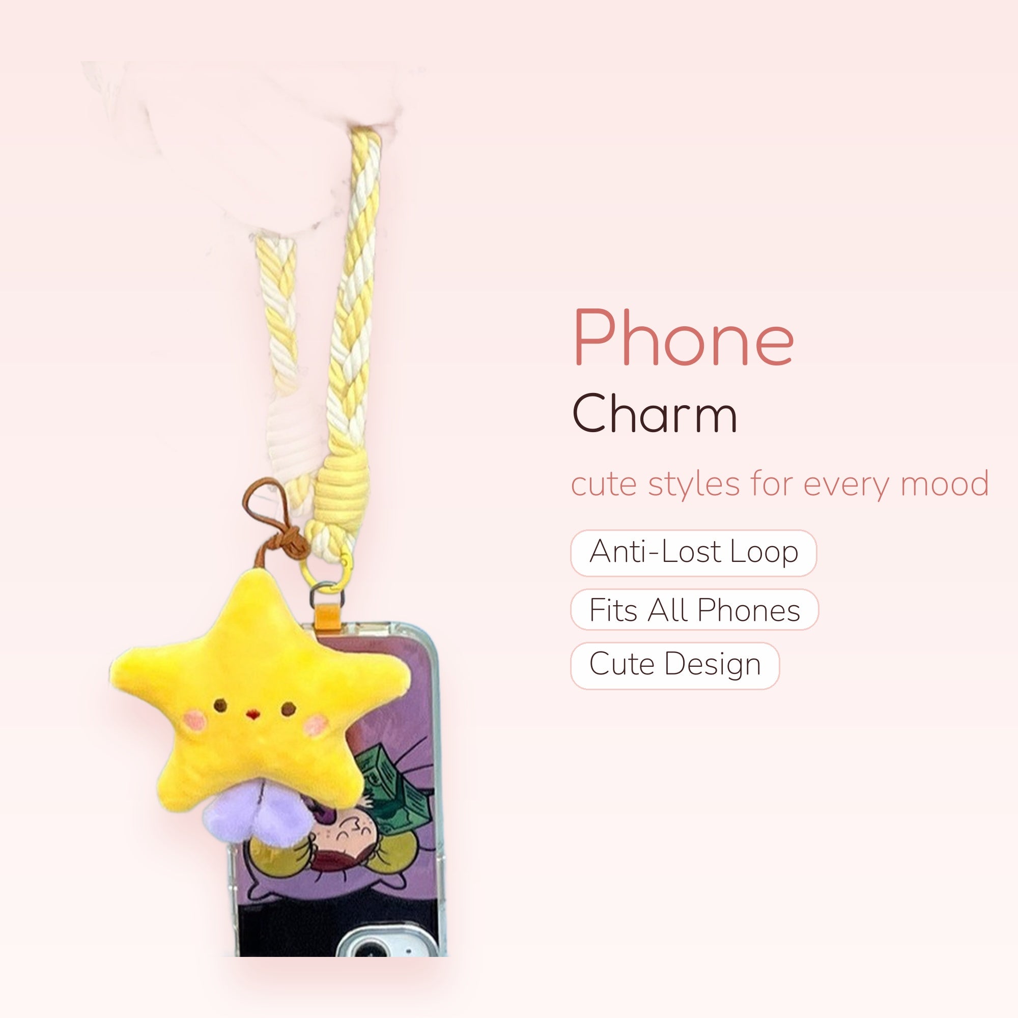 Yellow Star Plush Phone Charm Lanyard | Cute Braided Wrist Strap