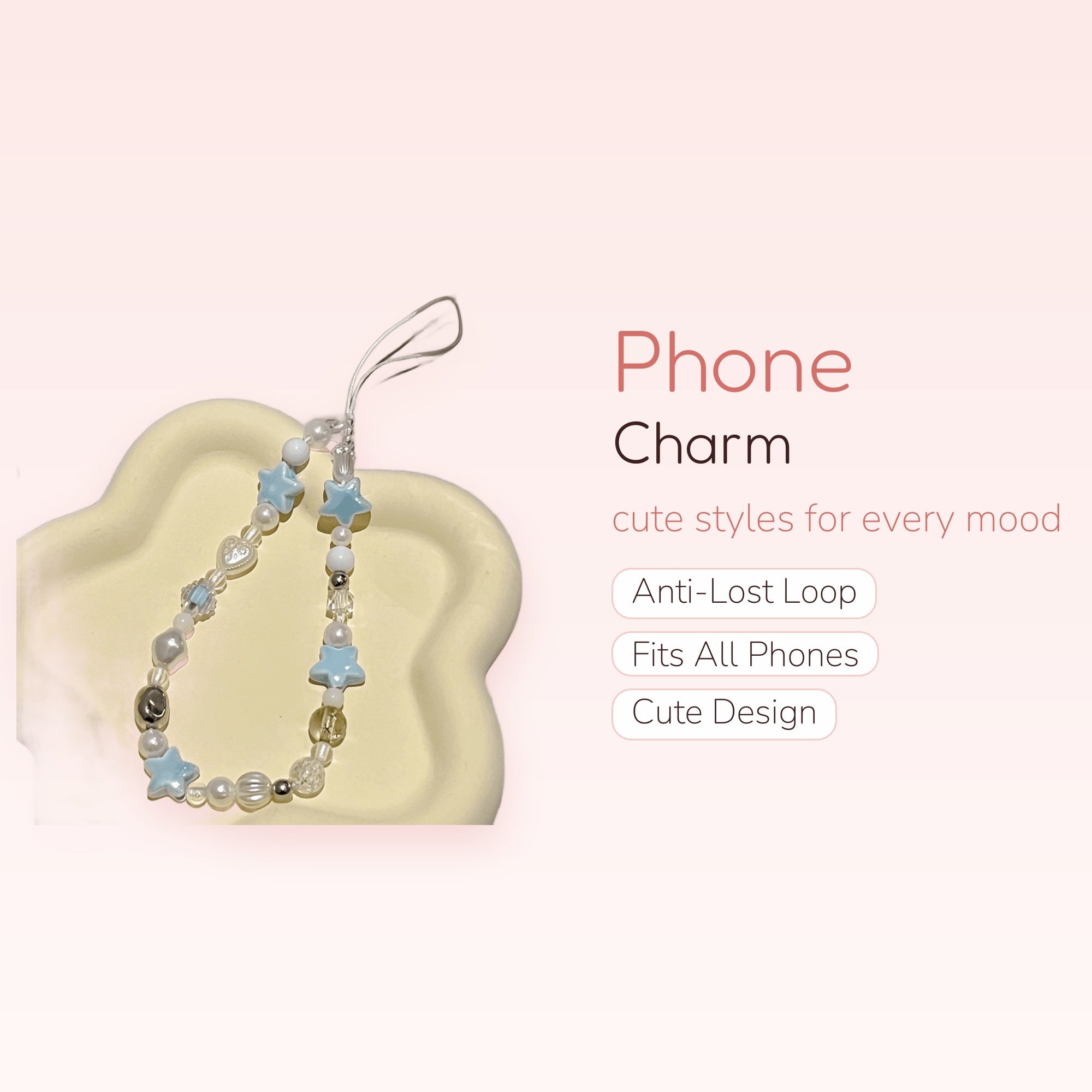 Kawaii Pastel Blue Star & Pearl Phone Charm | Aesthetic Beaded Wrist Strap