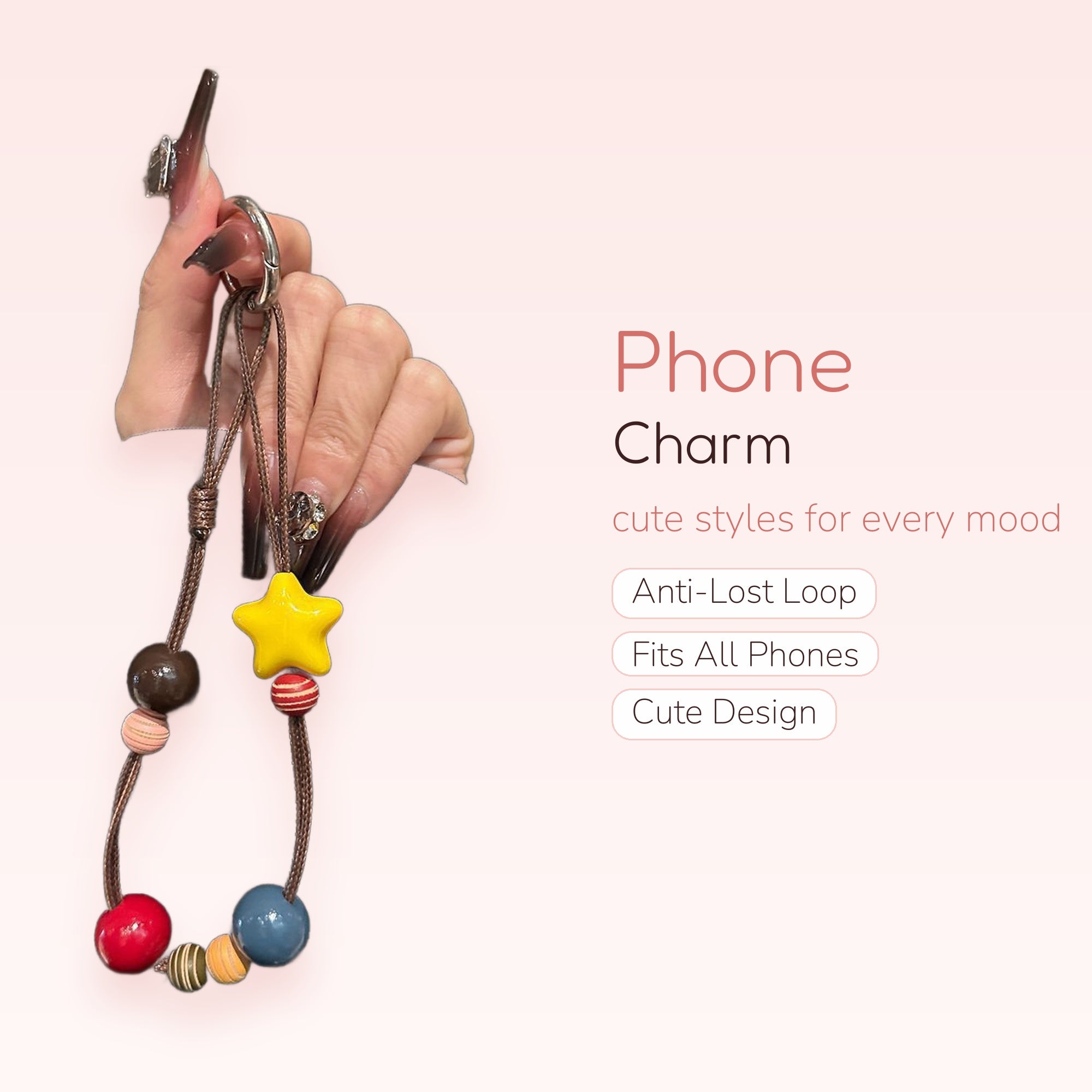 Cute Star & Beaded Phone Charm Strap | Aesthetic Wooden Bead Wrist Lanyard