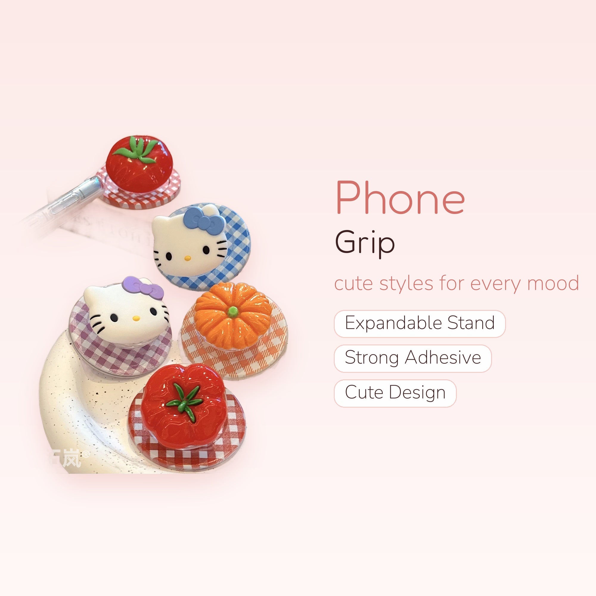Kawaii Hello Kitty & Fruit Phone Grips | Cute Plaid Pop Socket Stands
