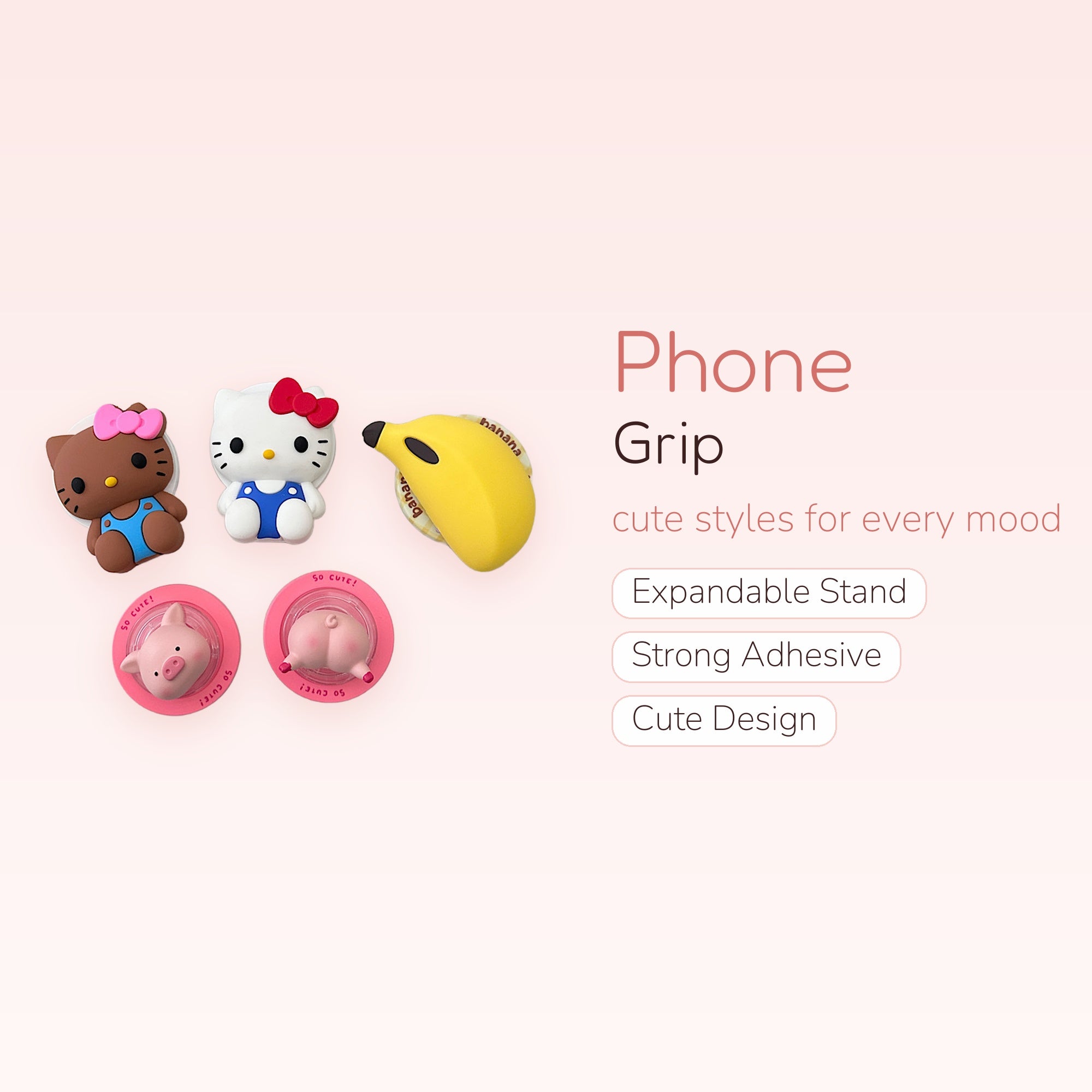 Kawaii Hello Kitty, Banana, & Piggy Phone Grips | Cute Pop Socket Stands