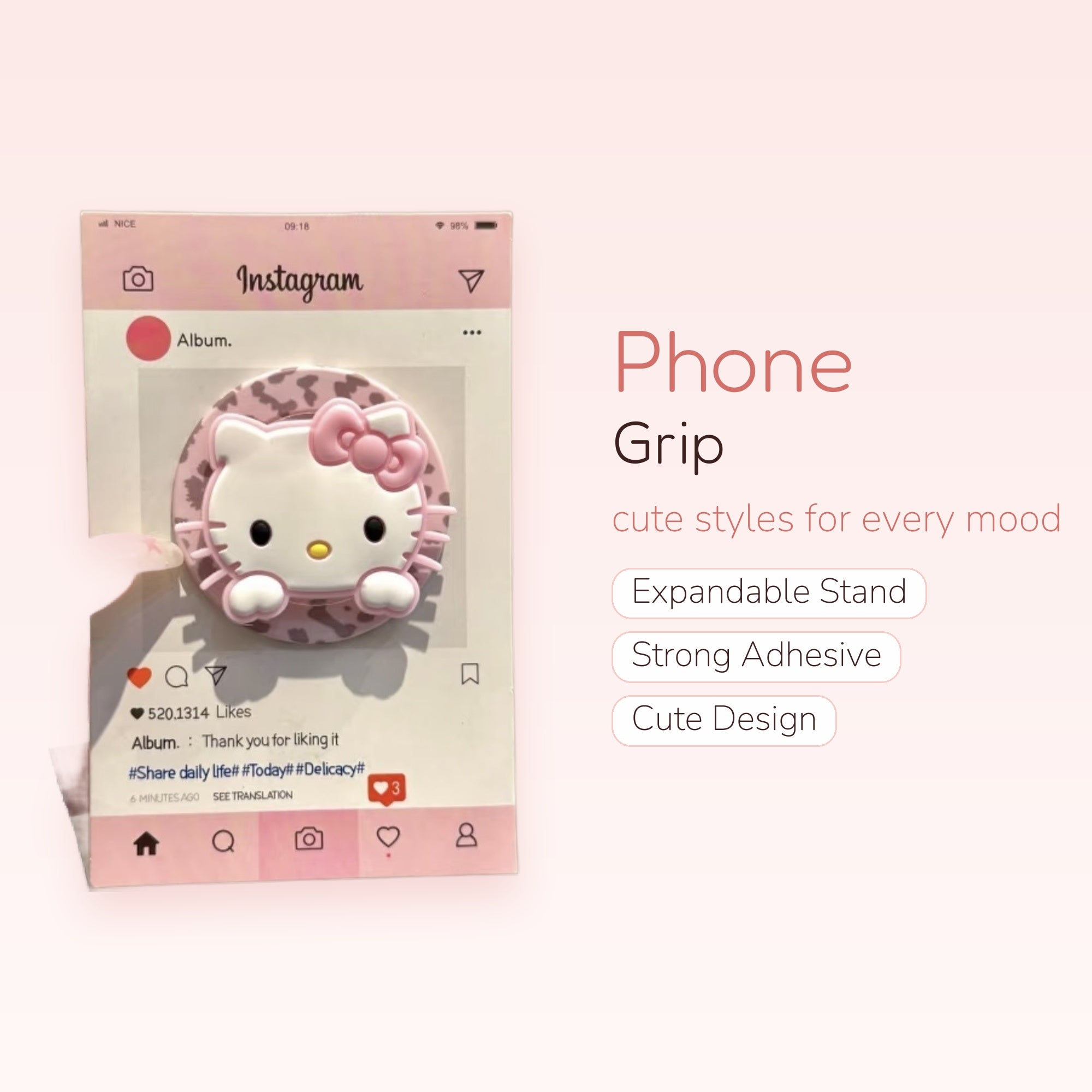 Pink Hello Kitty Leopard Print Phone Grip | Kawaii Pop Socket Stand
