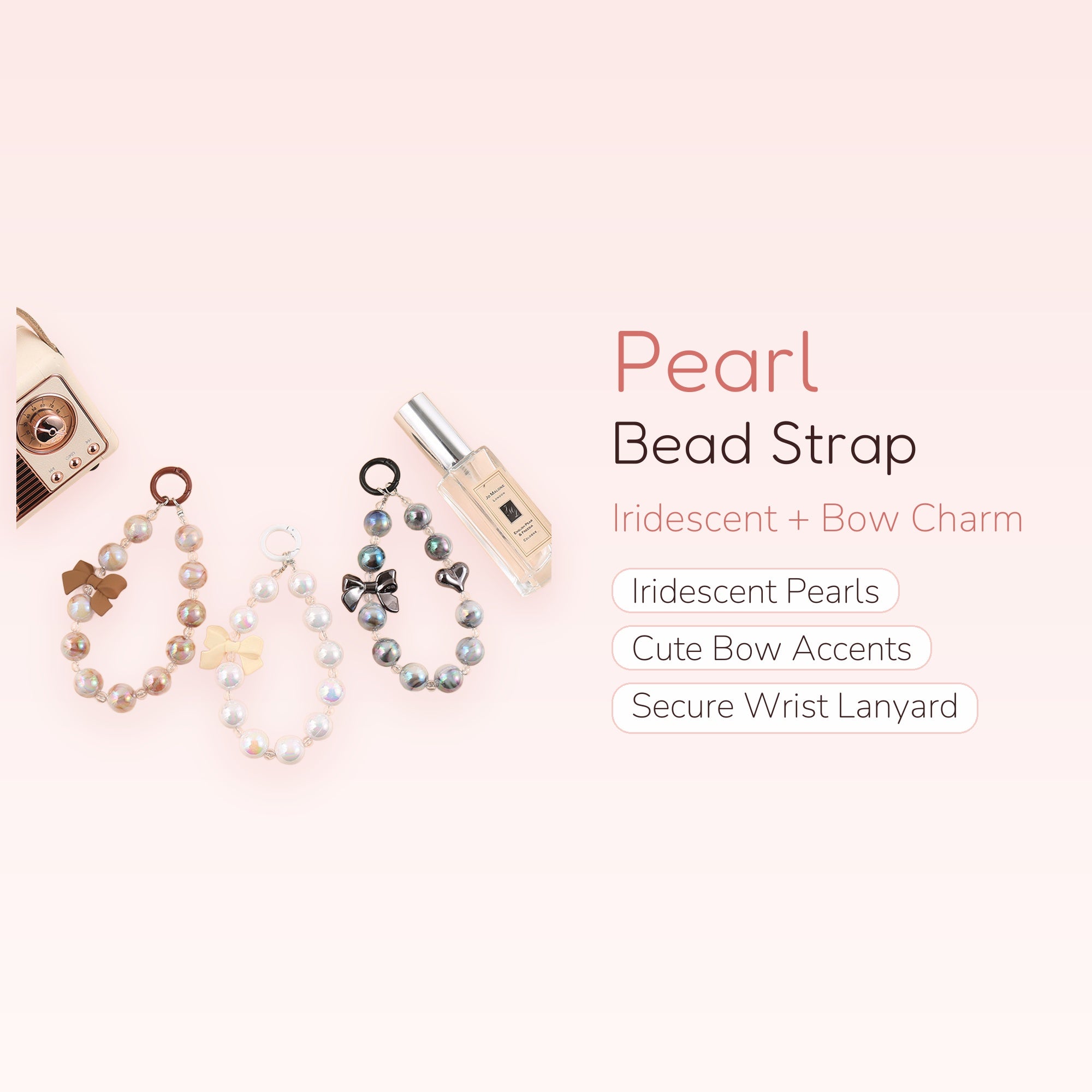Iridescent Pearl Bead Phone Charm Strap | Cute Bow Wrist Lanyard