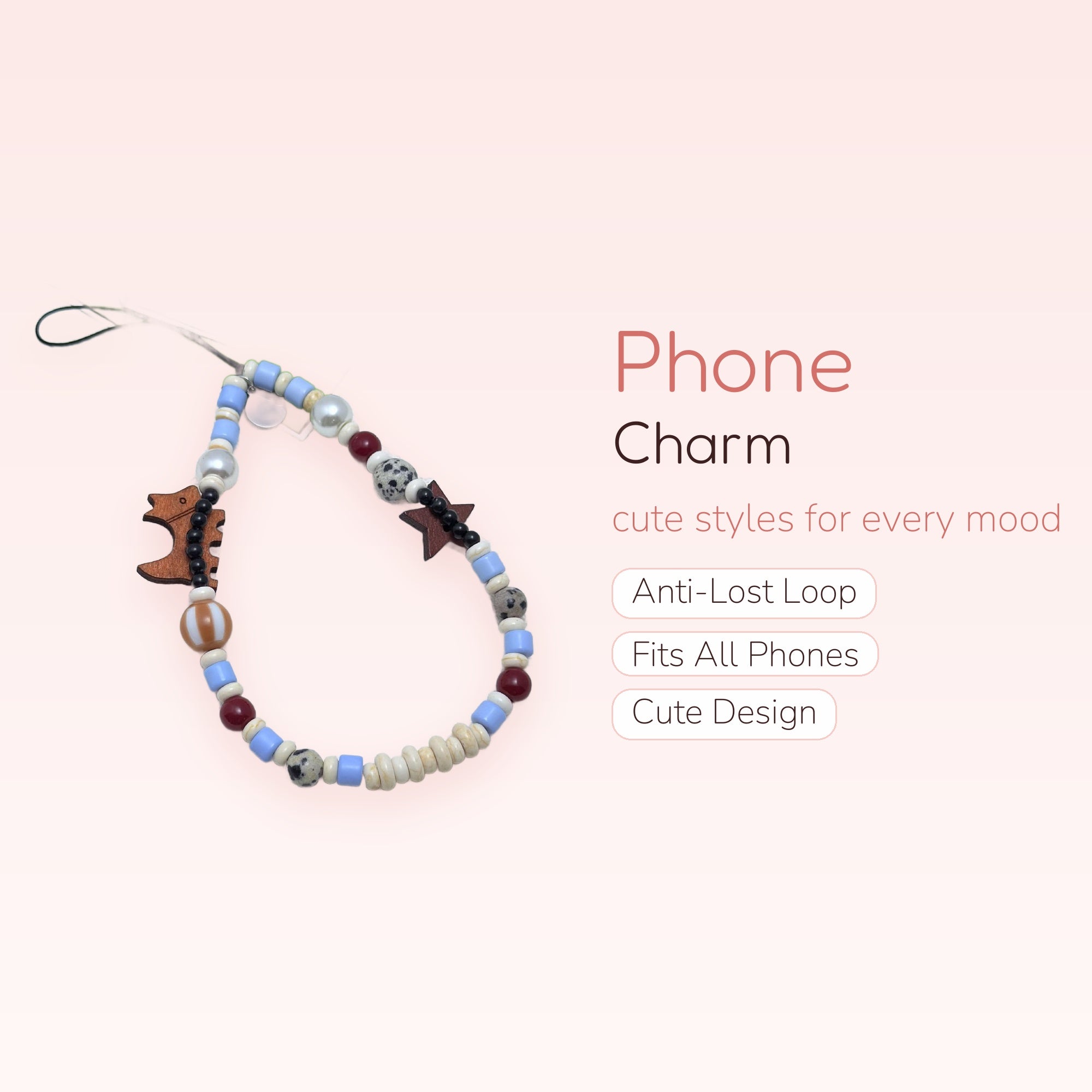 Aesthetic Wooden Dinosaur & Star Phone Charm | Pastel Beaded Wrist Lanyard
