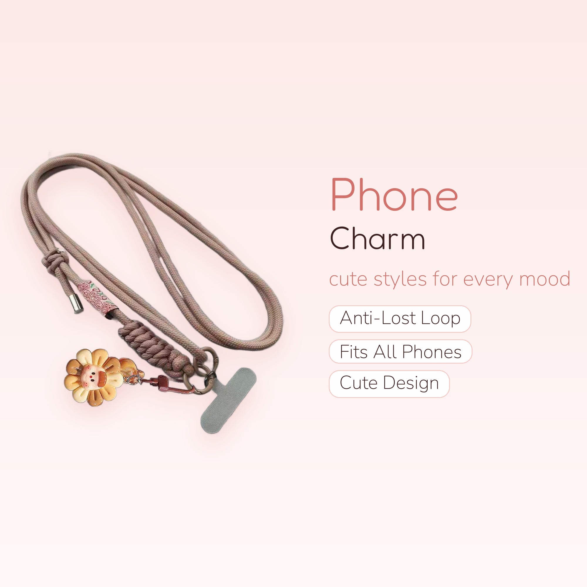 Kawaii Sunflower Lanyard Phone Charm | Pink Braided Crossbody Strap